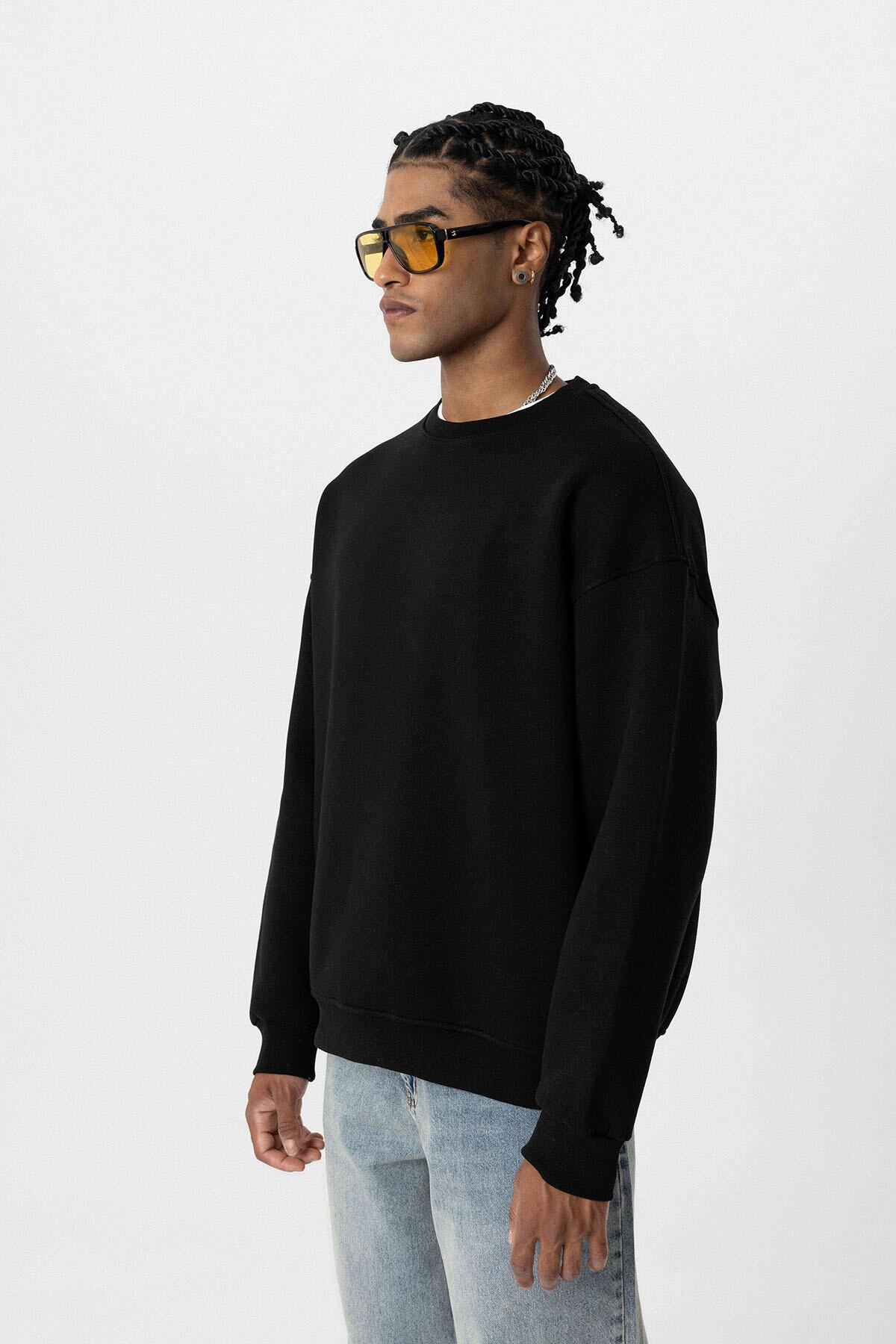 Basıc Oversize Bisiklet Yaka Sweatshirt Siyah