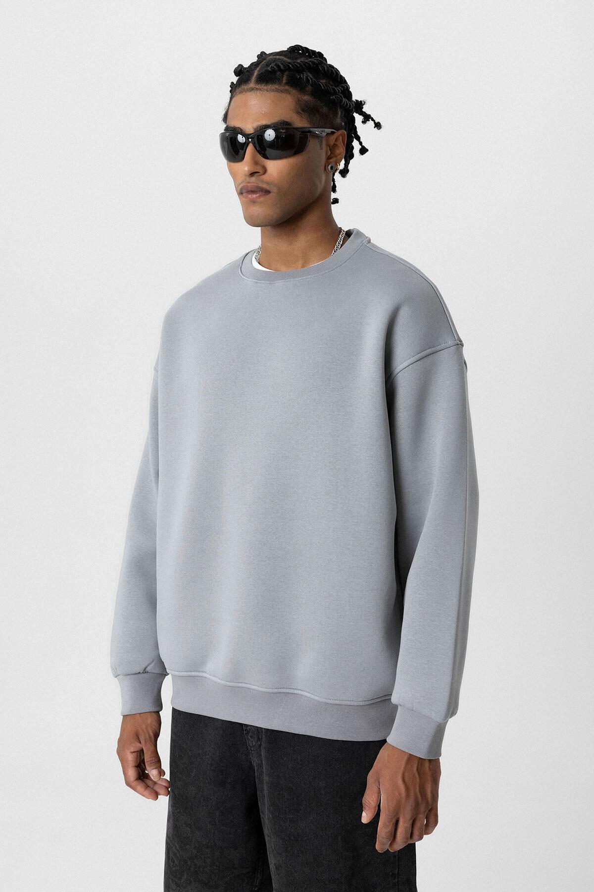 Basıc Oversize Bisiklet Yaka Sweatshirt Gri