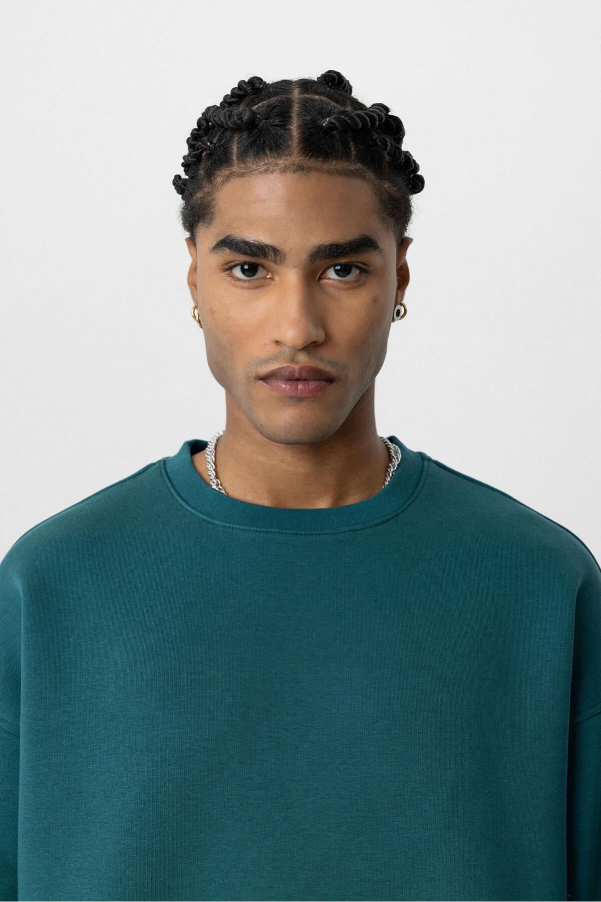 Basıc Oversize Bisiklet Yaka Sweatshirt Petrol