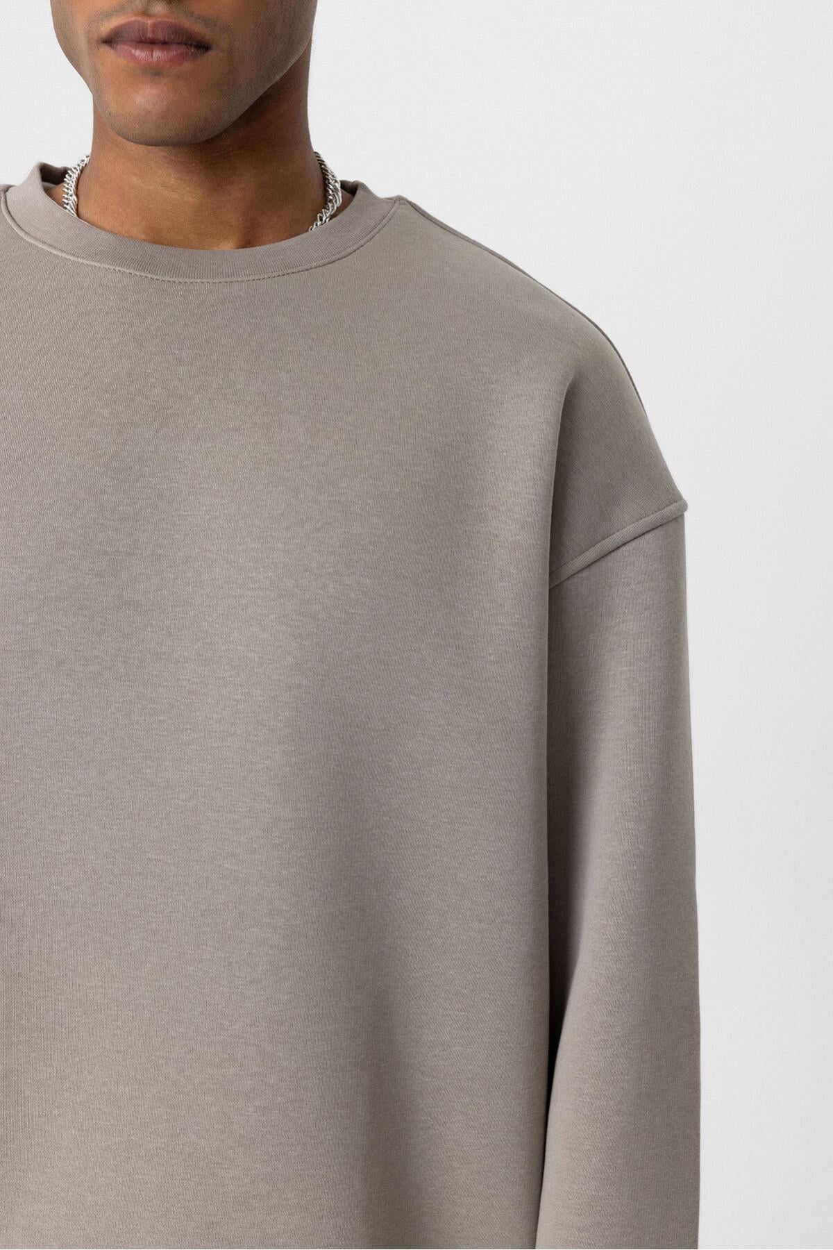 Basıc Oversize Bisiklet Yaka Sweatshirt Vizon