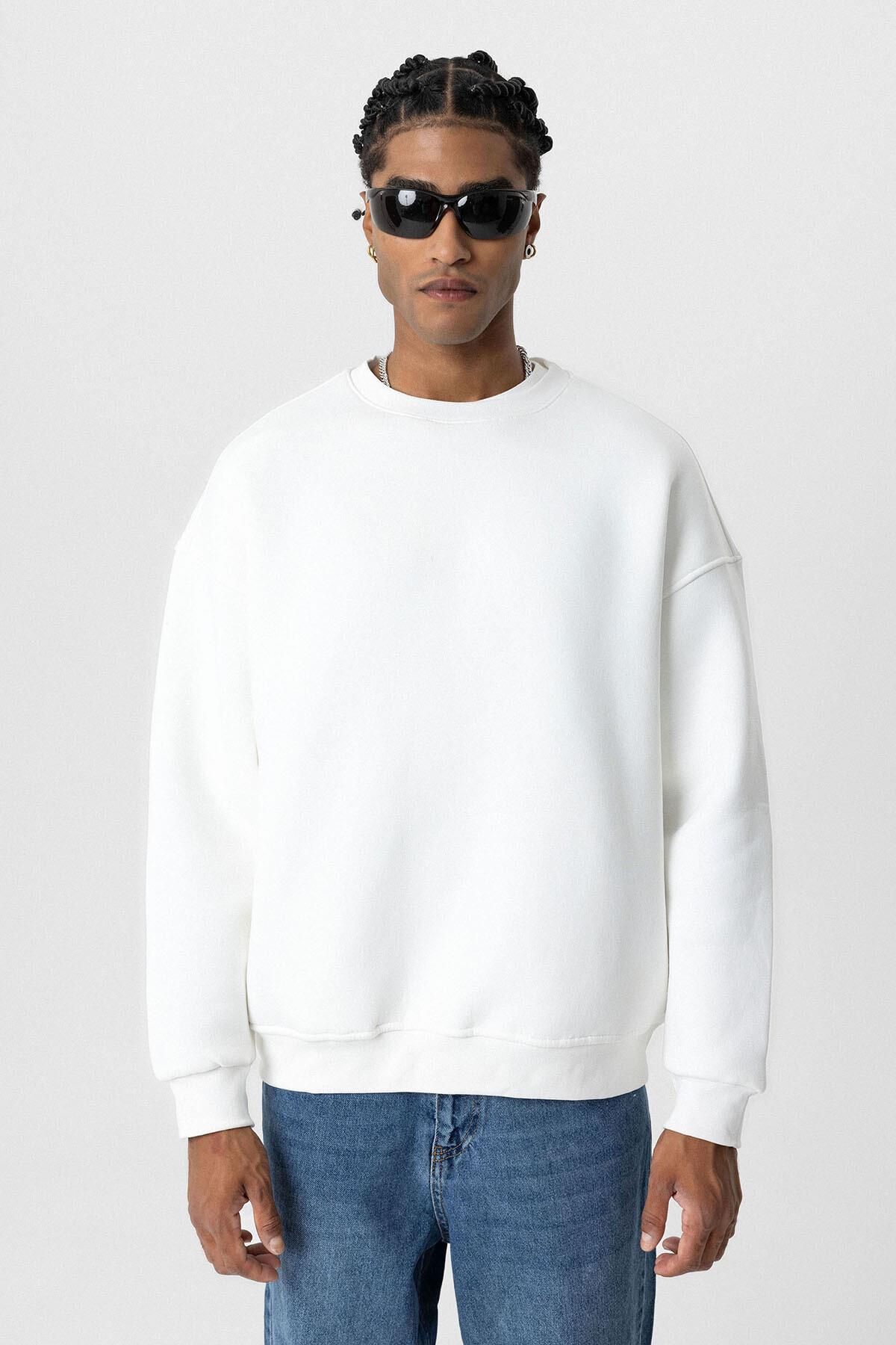 Basıc Oversize Bisiklet Yaka Sweatshirt Ekru