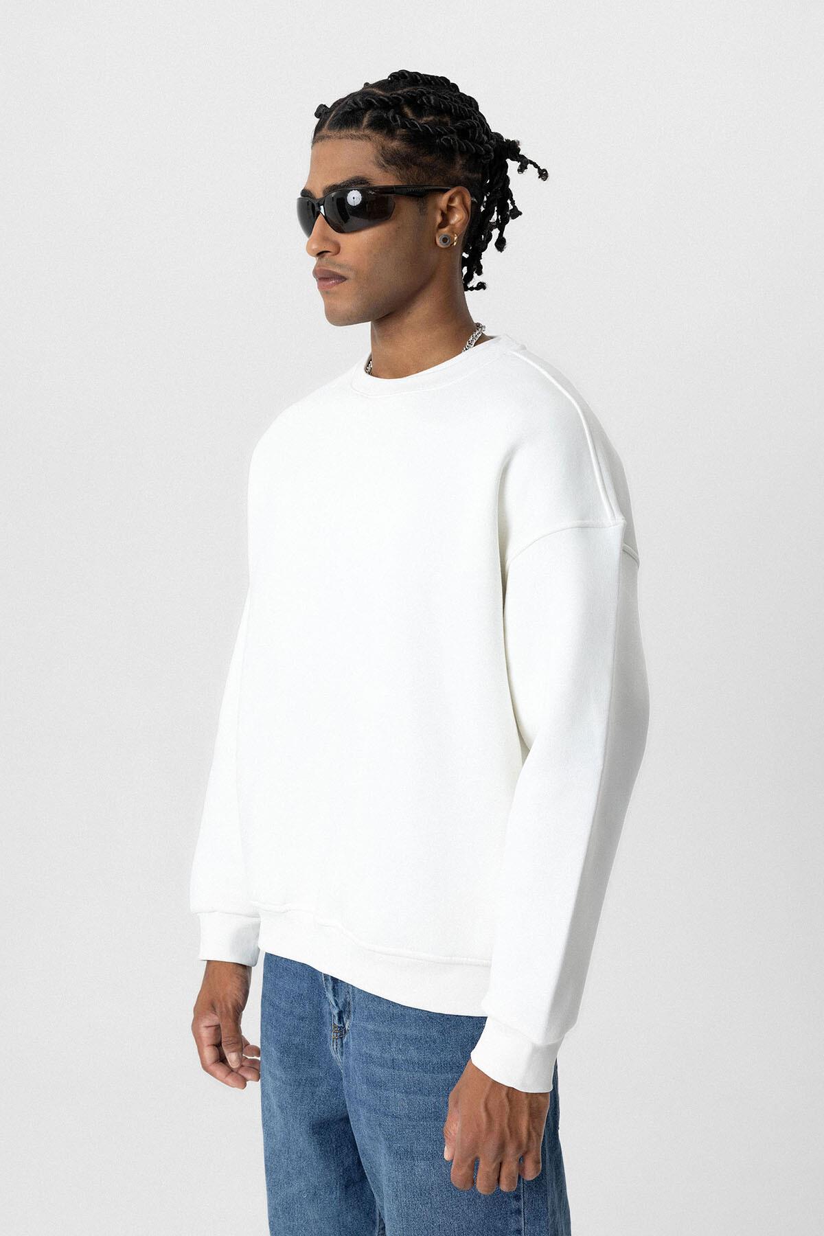 Basıc Oversize Bisiklet Yaka Sweatshirt Ekru