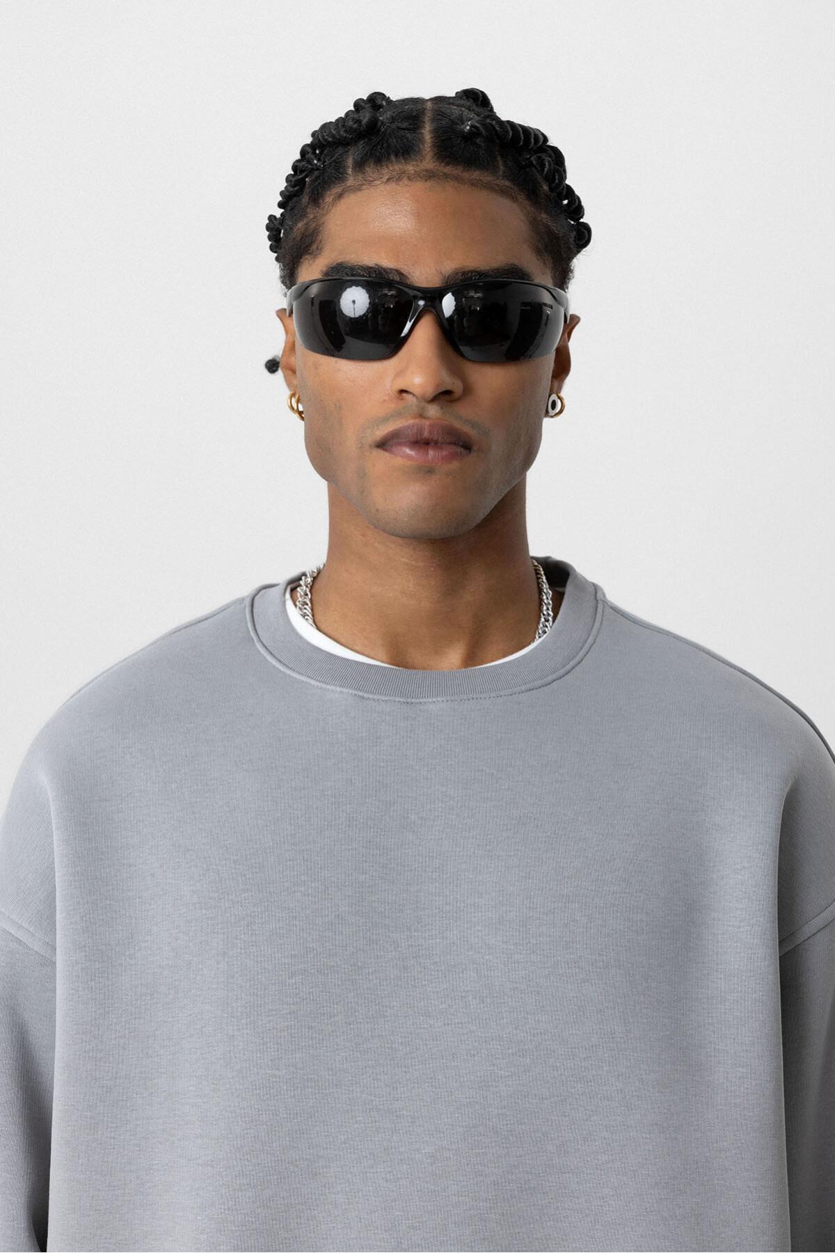 Basıc Oversize Bisiklet Yaka Sweatshirt Gri