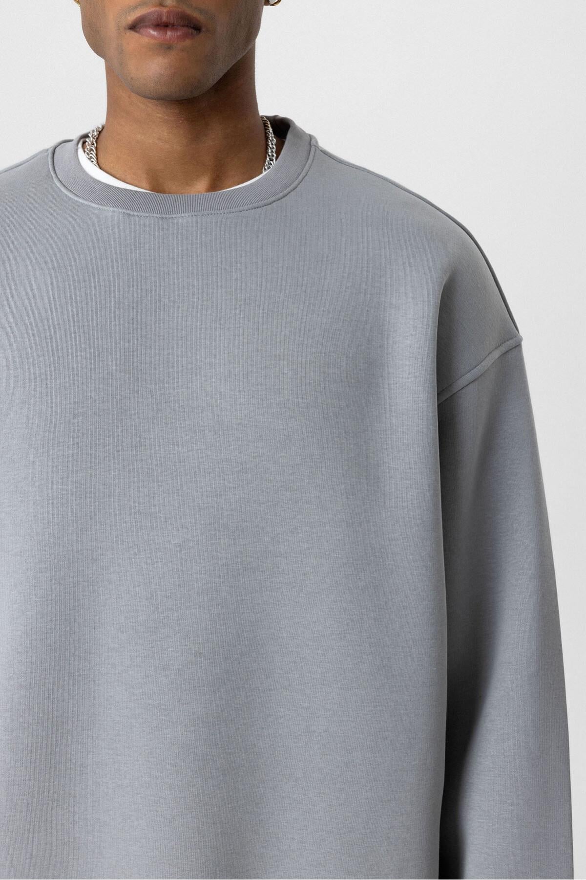 Basıc Oversize Bisiklet Yaka Sweatshirt Gri