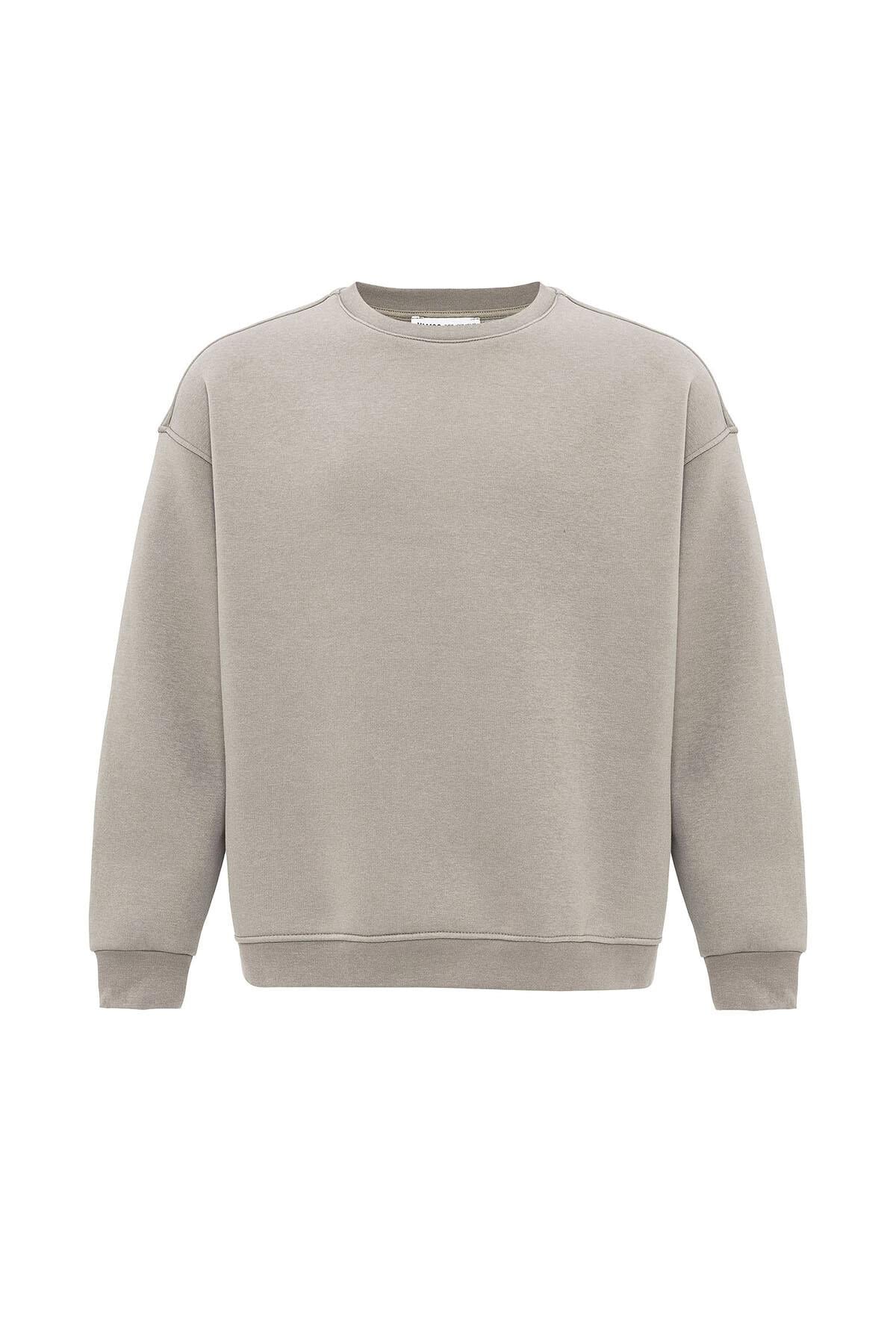 Basıc Oversize Bisiklet Yaka Sweatshirt Vizon