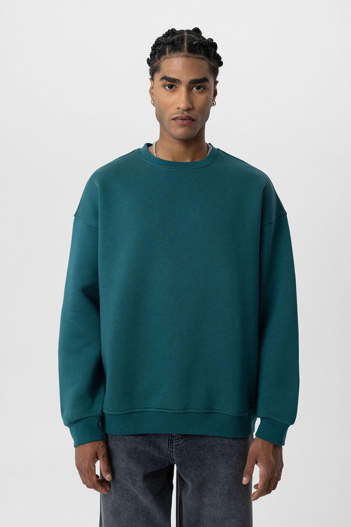 Basıc Oversize Bisiklet Yaka Sweatshirt Petrol