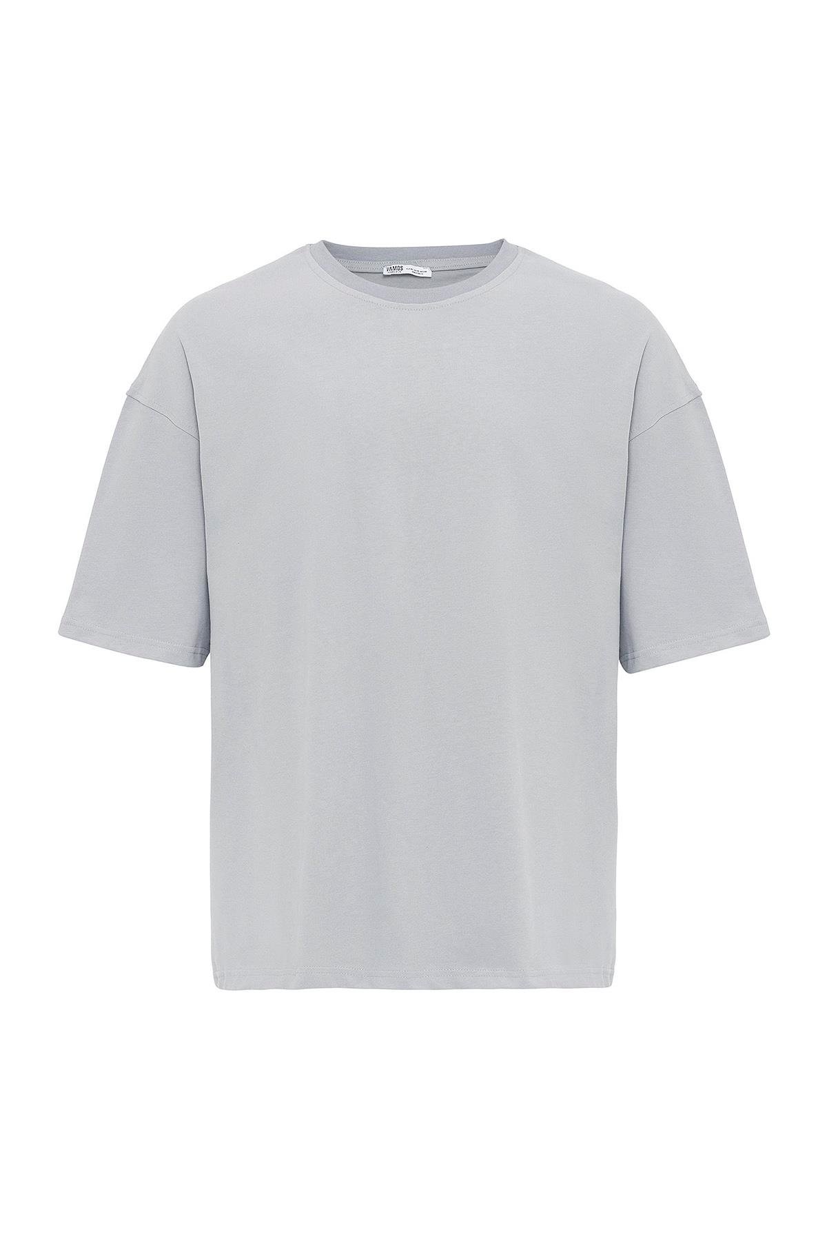 Basic Oversize Bisiklet Yaka Tişört Gri