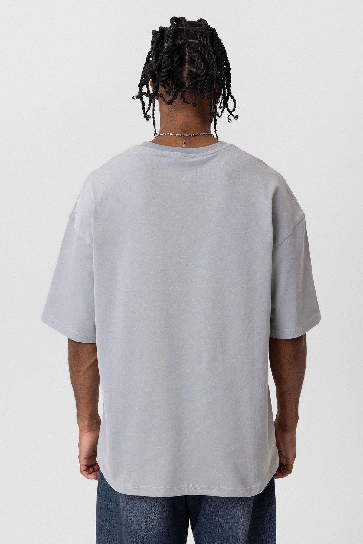 Basic Oversize Bisiklet Yaka Tişört Gri