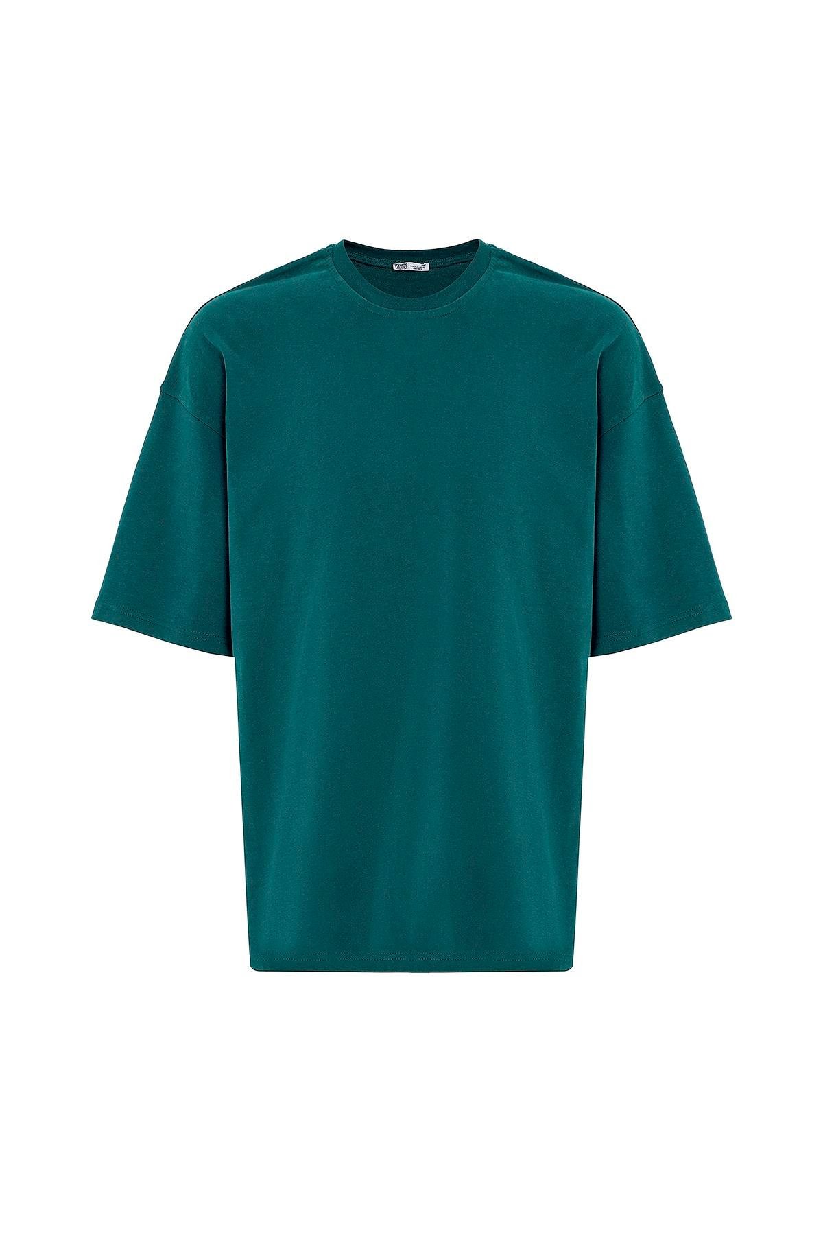 Basic Oversize Bisiklet Yaka Tişört Petrol