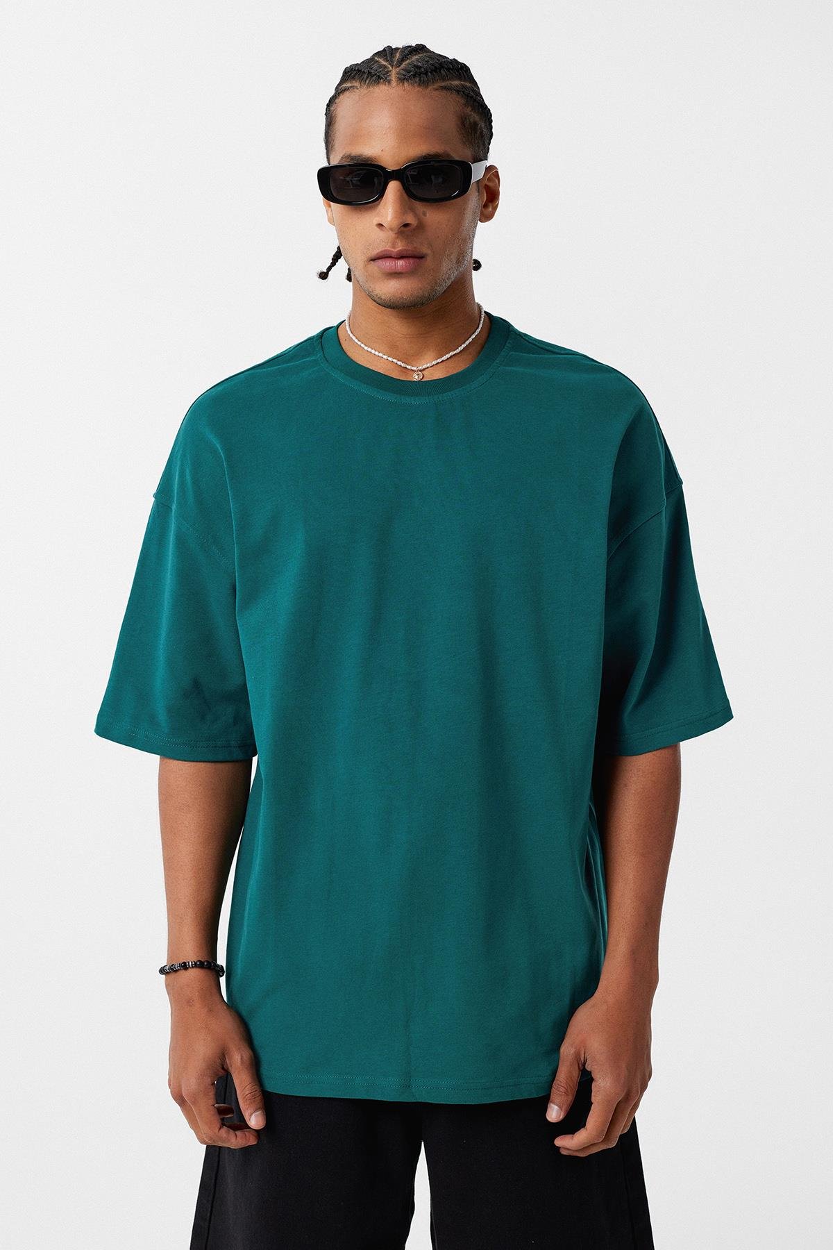 Basic Oversize Bisiklet Yaka Tişört Petrol