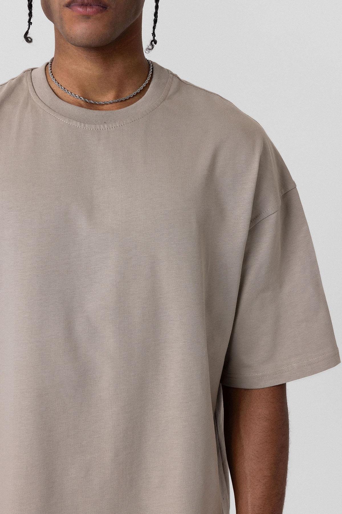 Basic Oversize Bisiklet Yaka Tişört Vizon