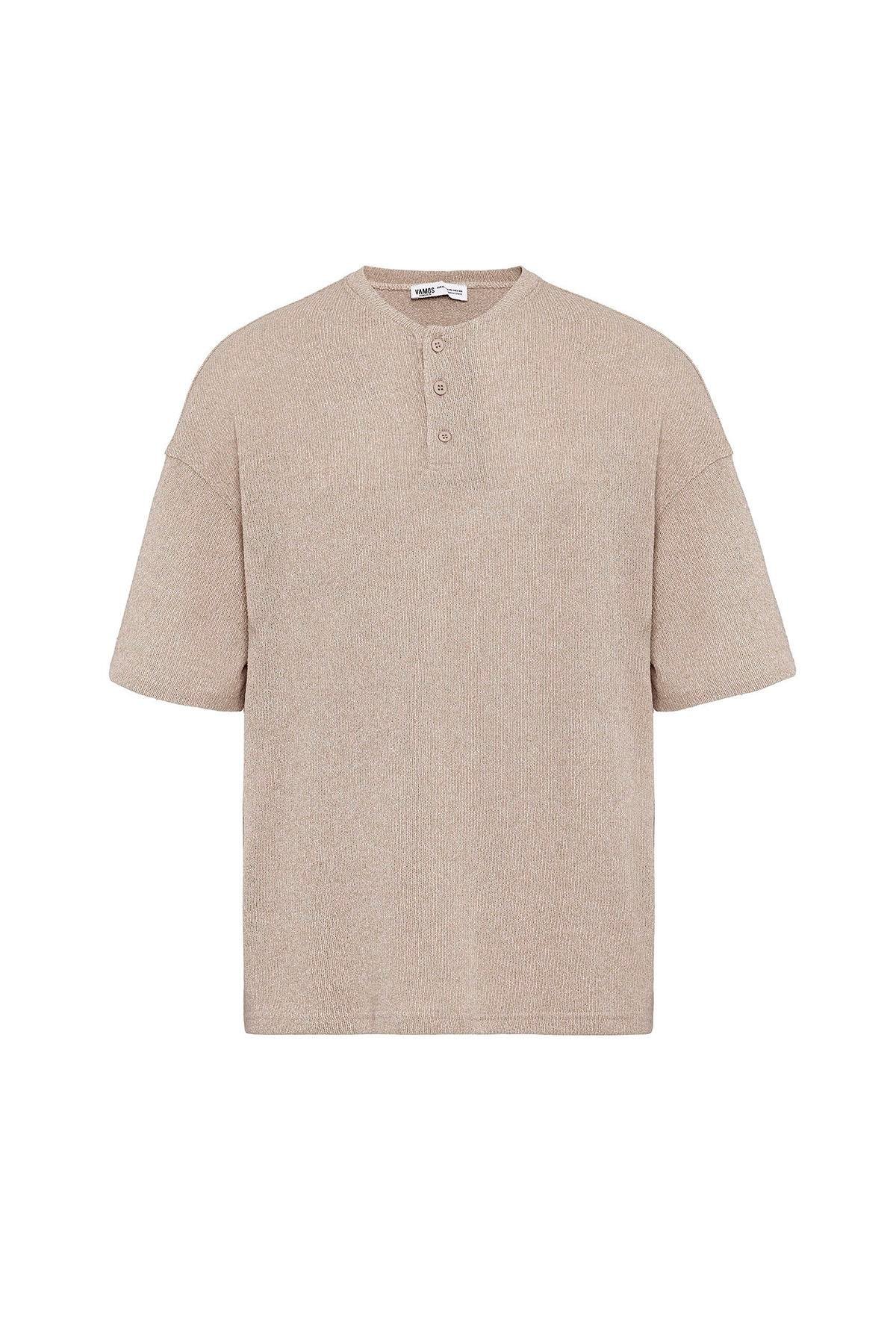 Basic Oversize Düğme Yaka Tişört Bej