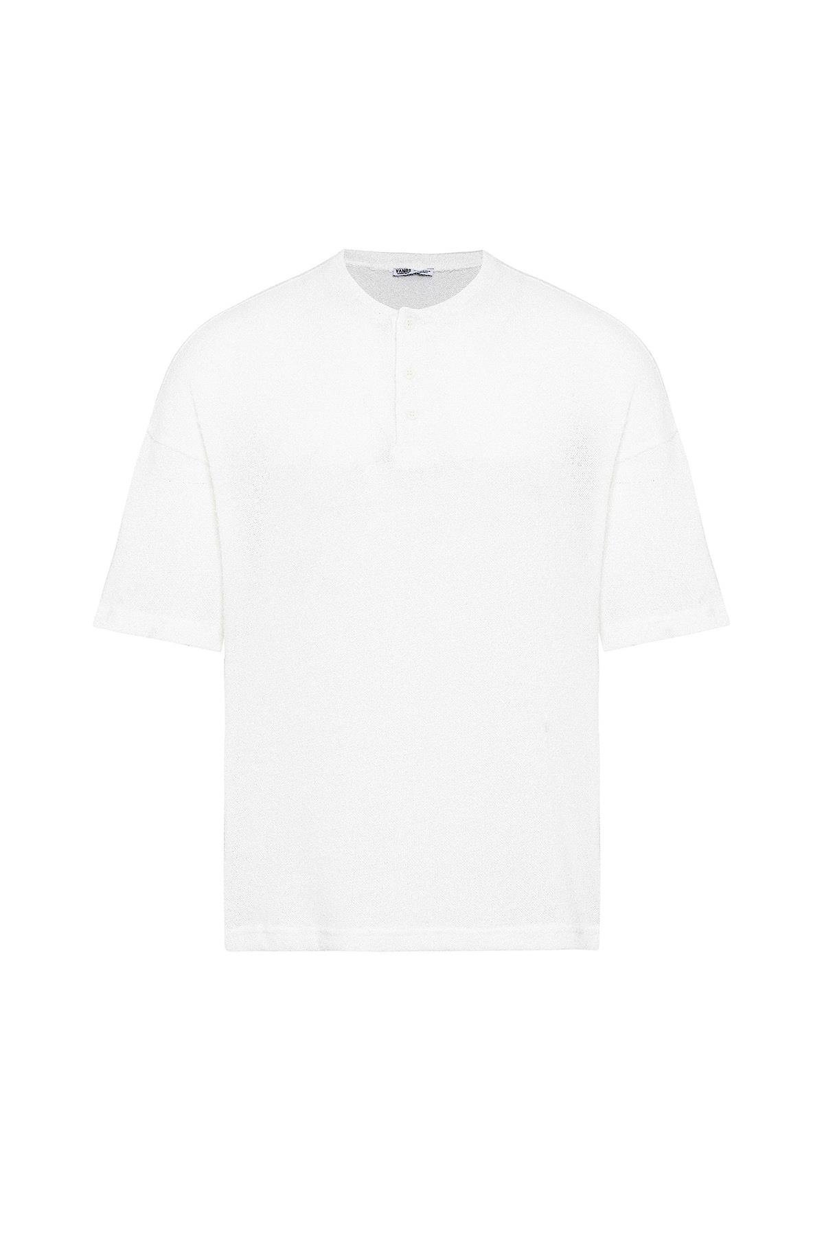 Basic Oversize Düğme Yaka Tişört Ekru