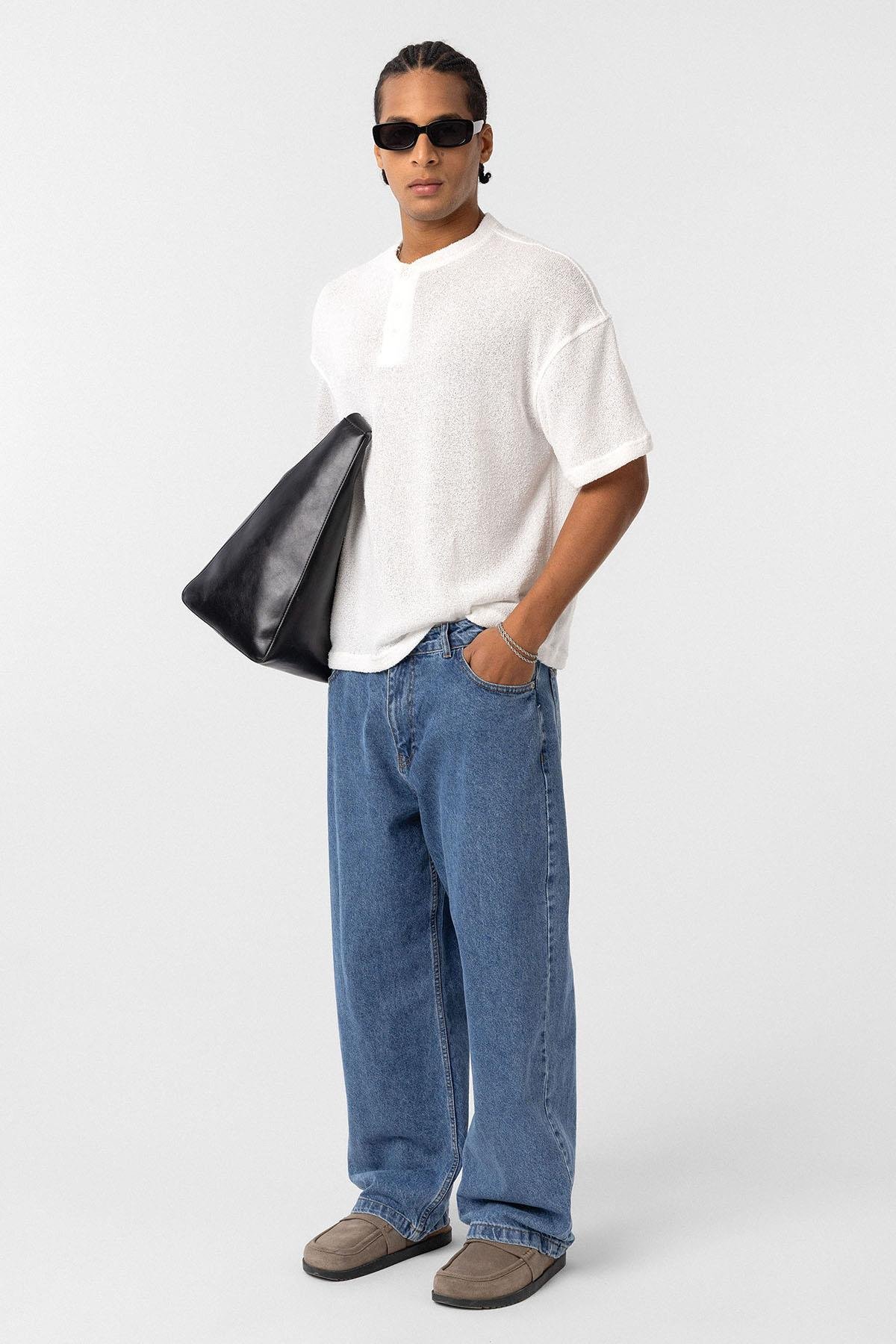 Basic Oversize Düğme Yaka Tişört Ekru