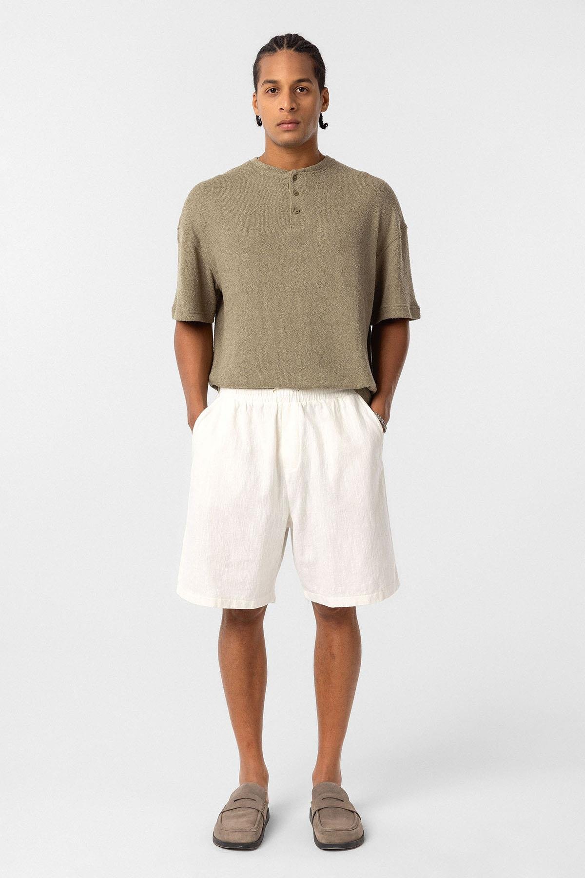 Basic Oversize Düğme Yaka Tişört Haki