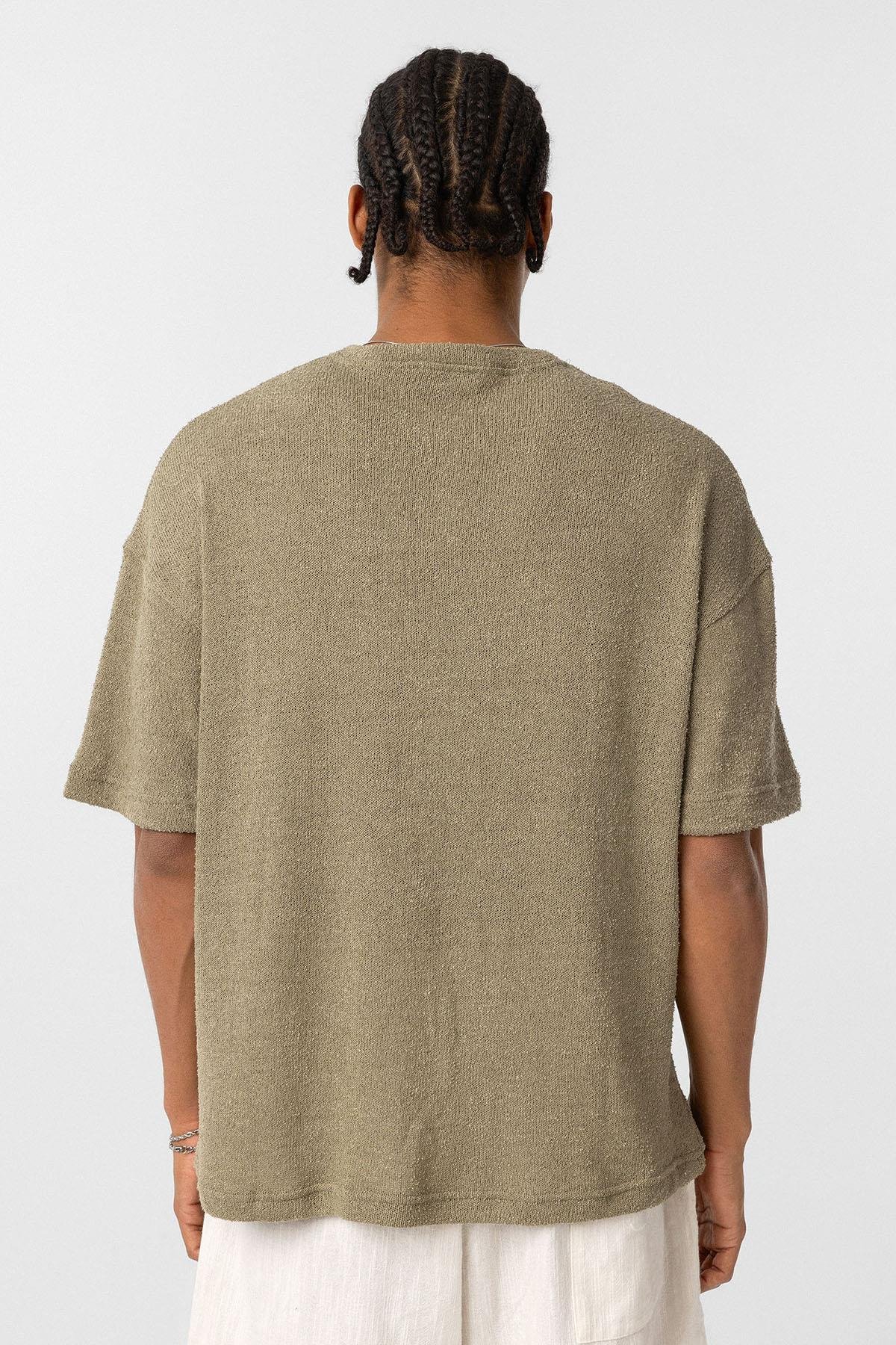 Basic Oversize Düğme Yaka Tişört Haki