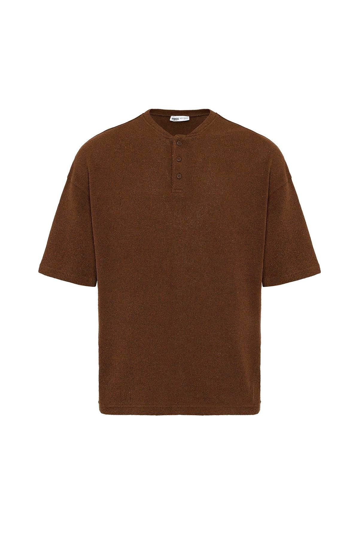 Basic Oversize Düğme Yaka Tişört Kahve