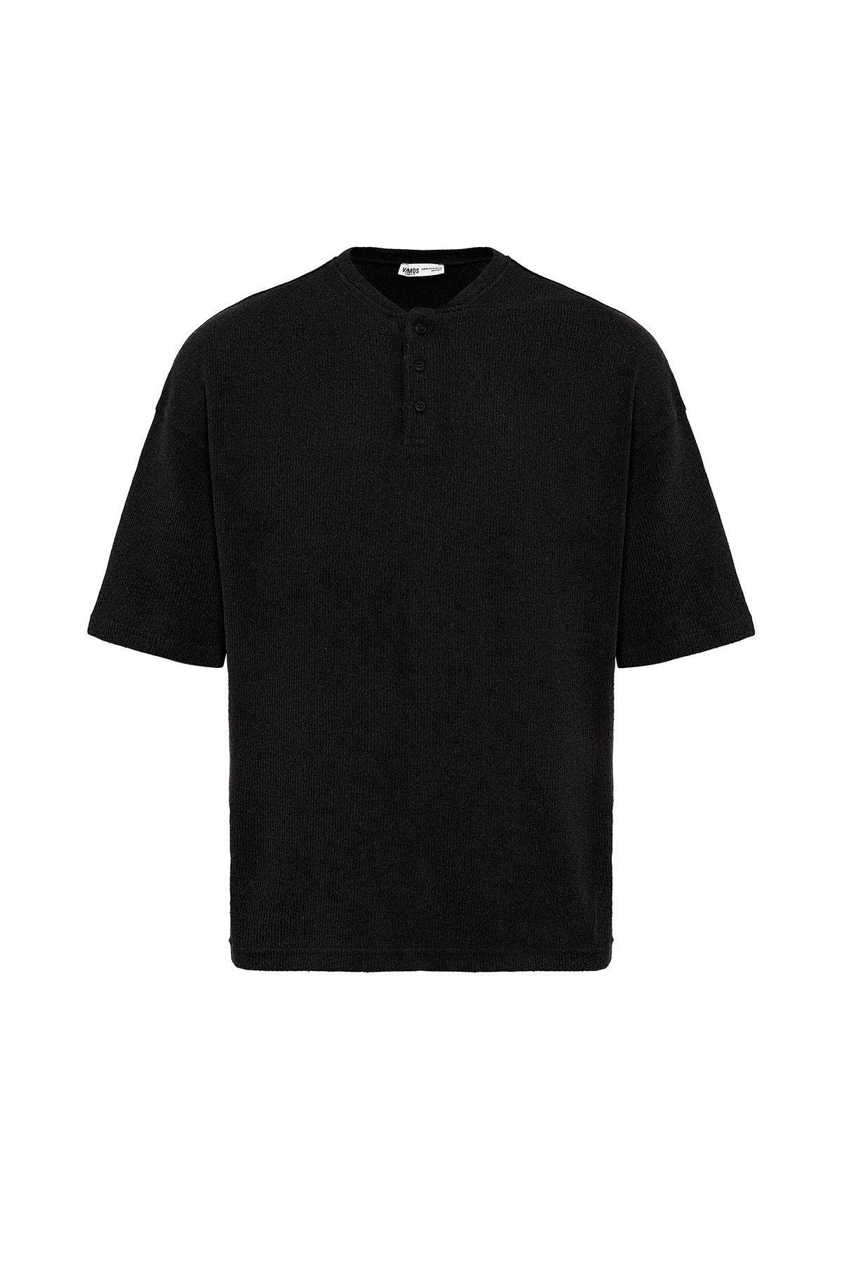 Basic Oversize Düğme Yaka Tişört Siyah