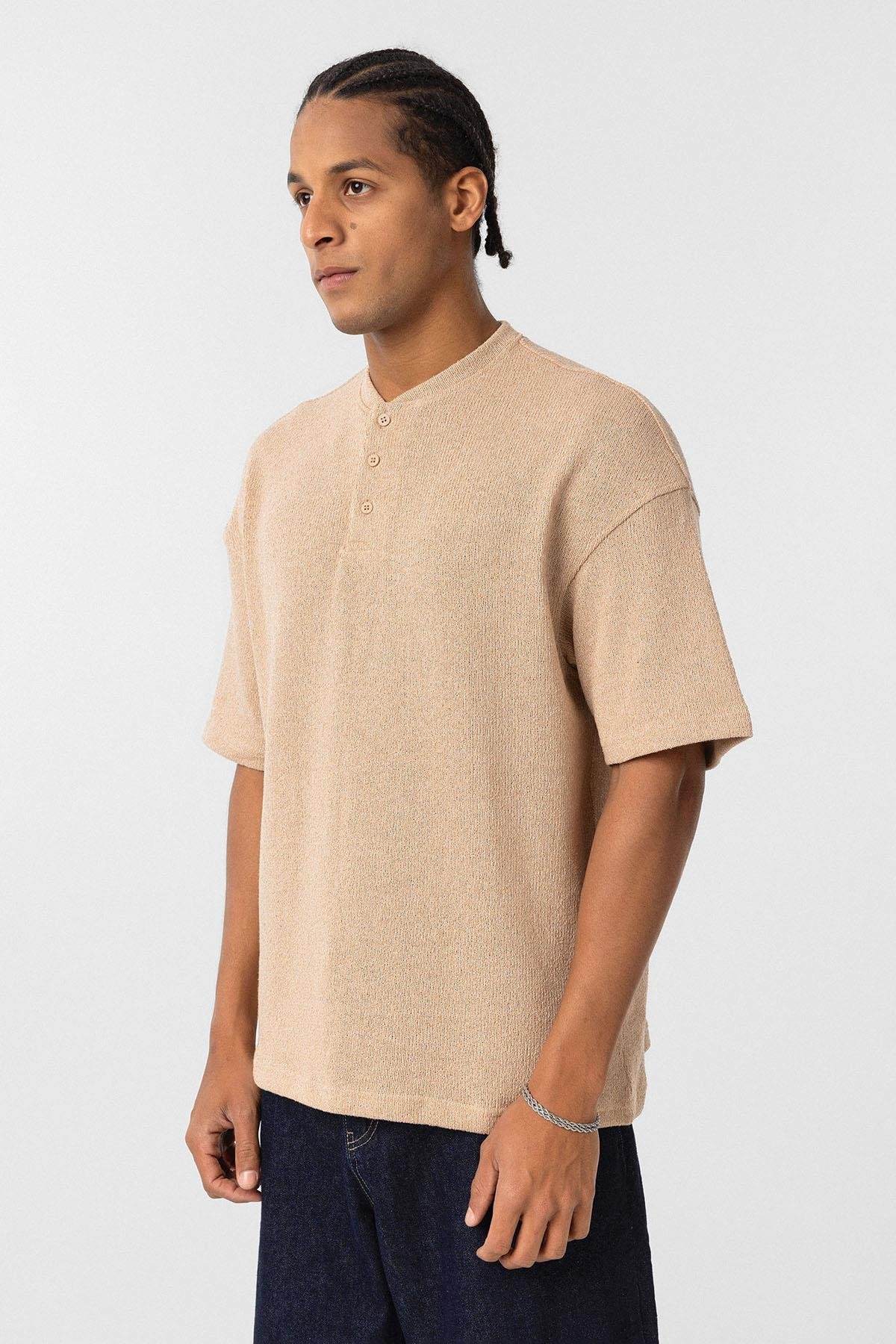 Basic Oversize Düğme Yaka Tişört Taş