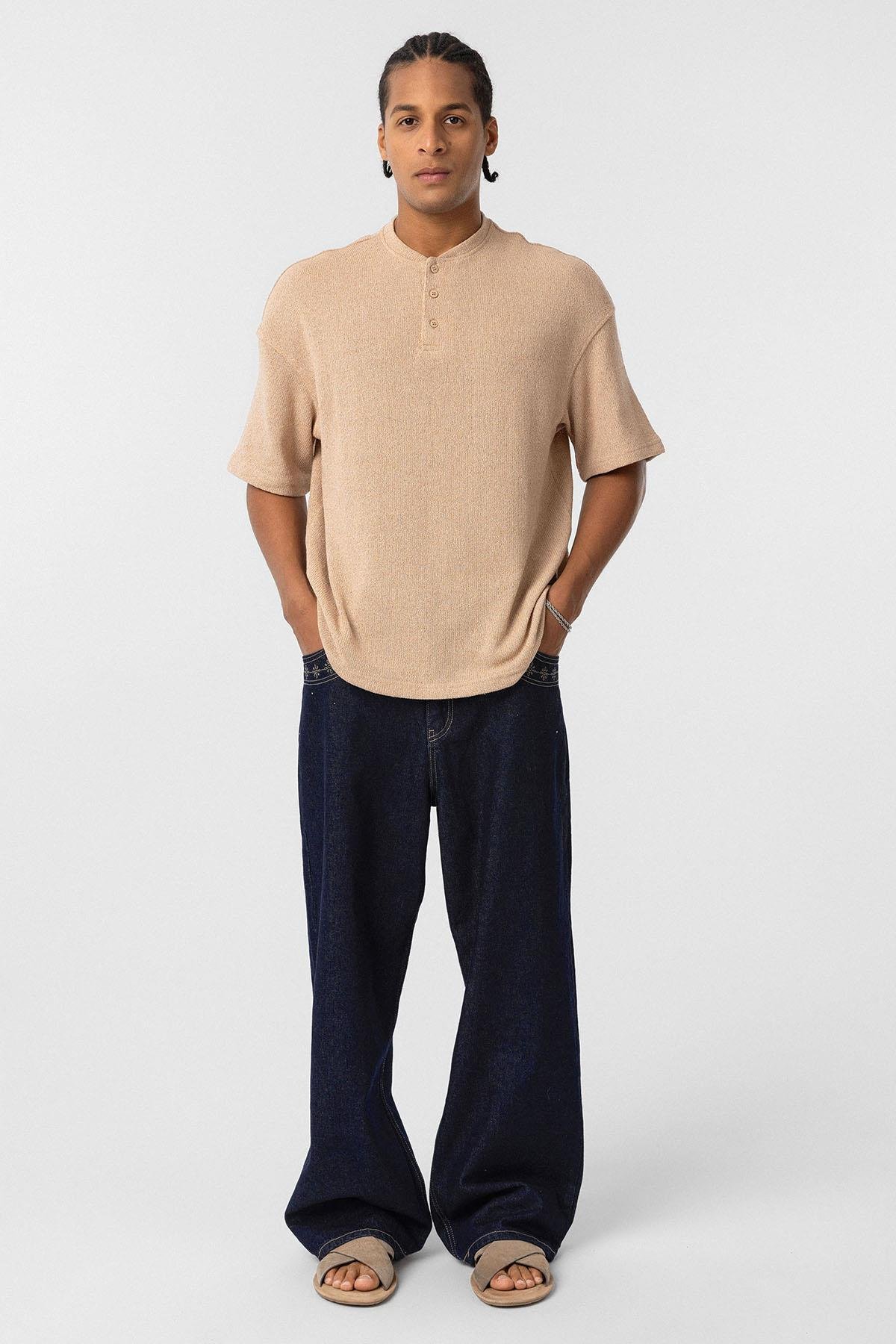 Basic Oversize Düğme Yaka Tişört Taş