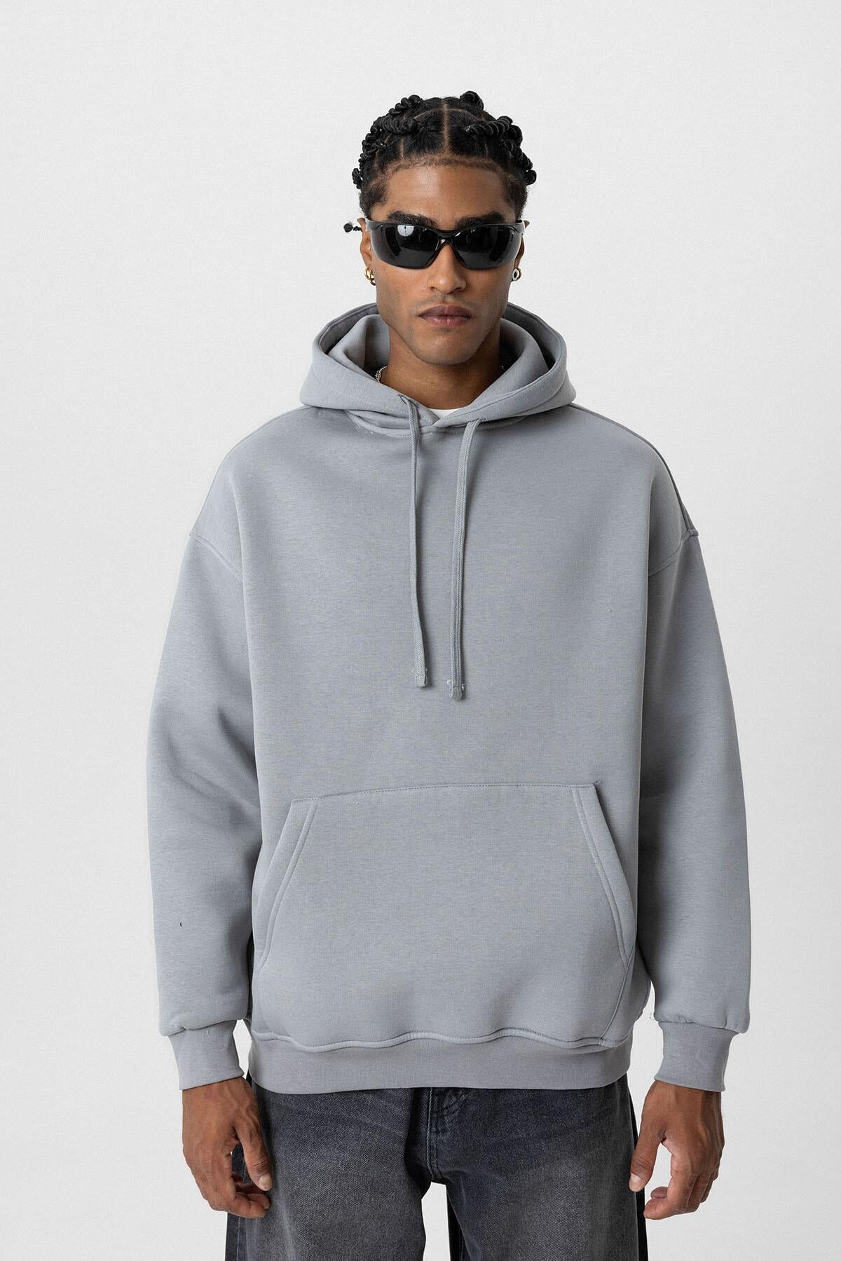 Basıc Oversize Kapüşonlu Cep Detaylı Sweatshirt Gri
