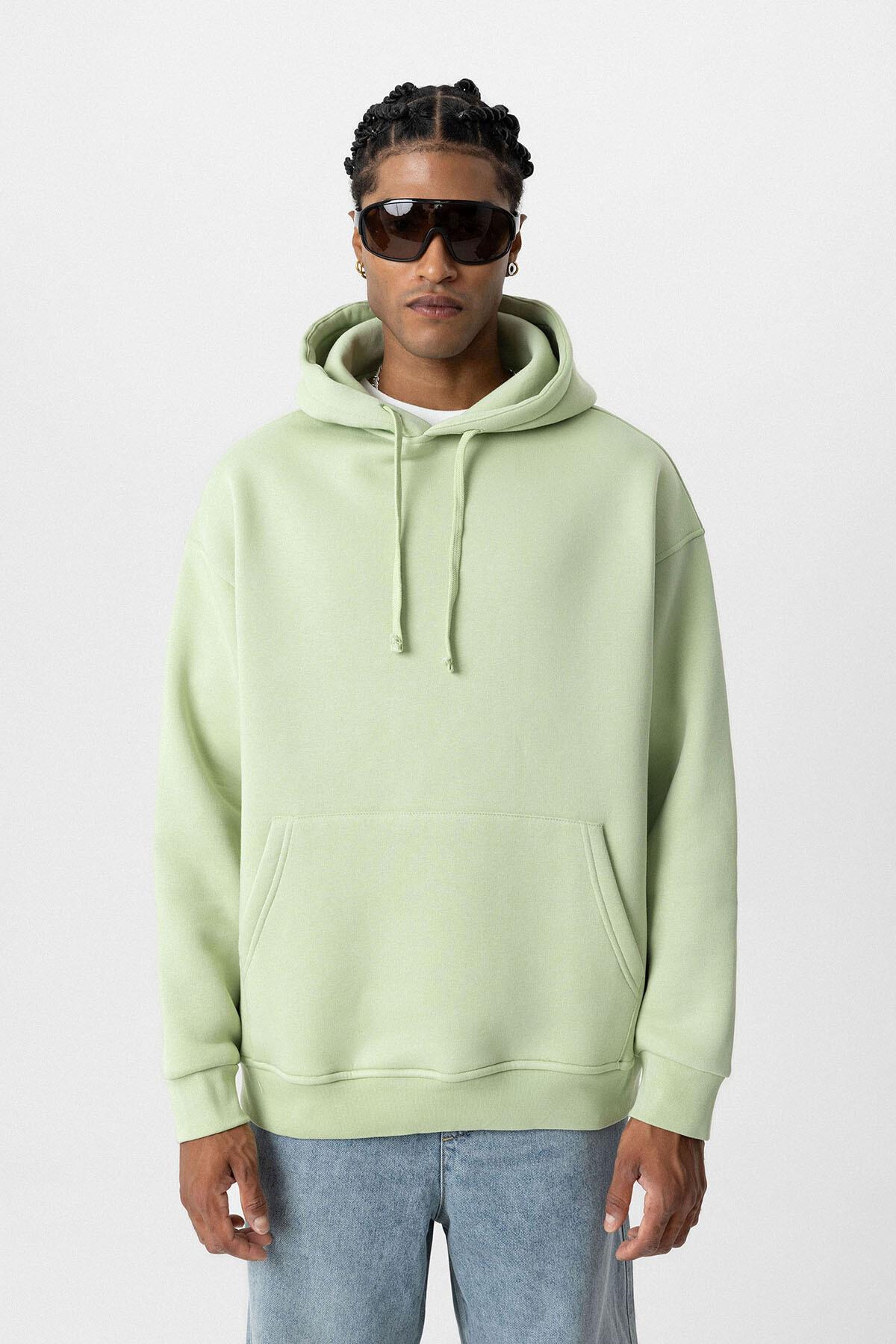 Basıc Oversize Kapüşonlu Cep Detaylı Sweatshirt Mint