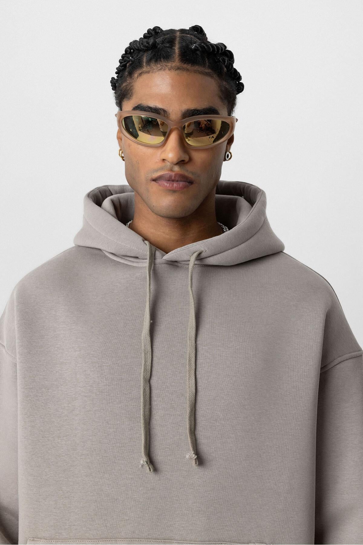 Basıc Oversize Kapüşonlu Cep Detaylı Sweatshirt Vizon