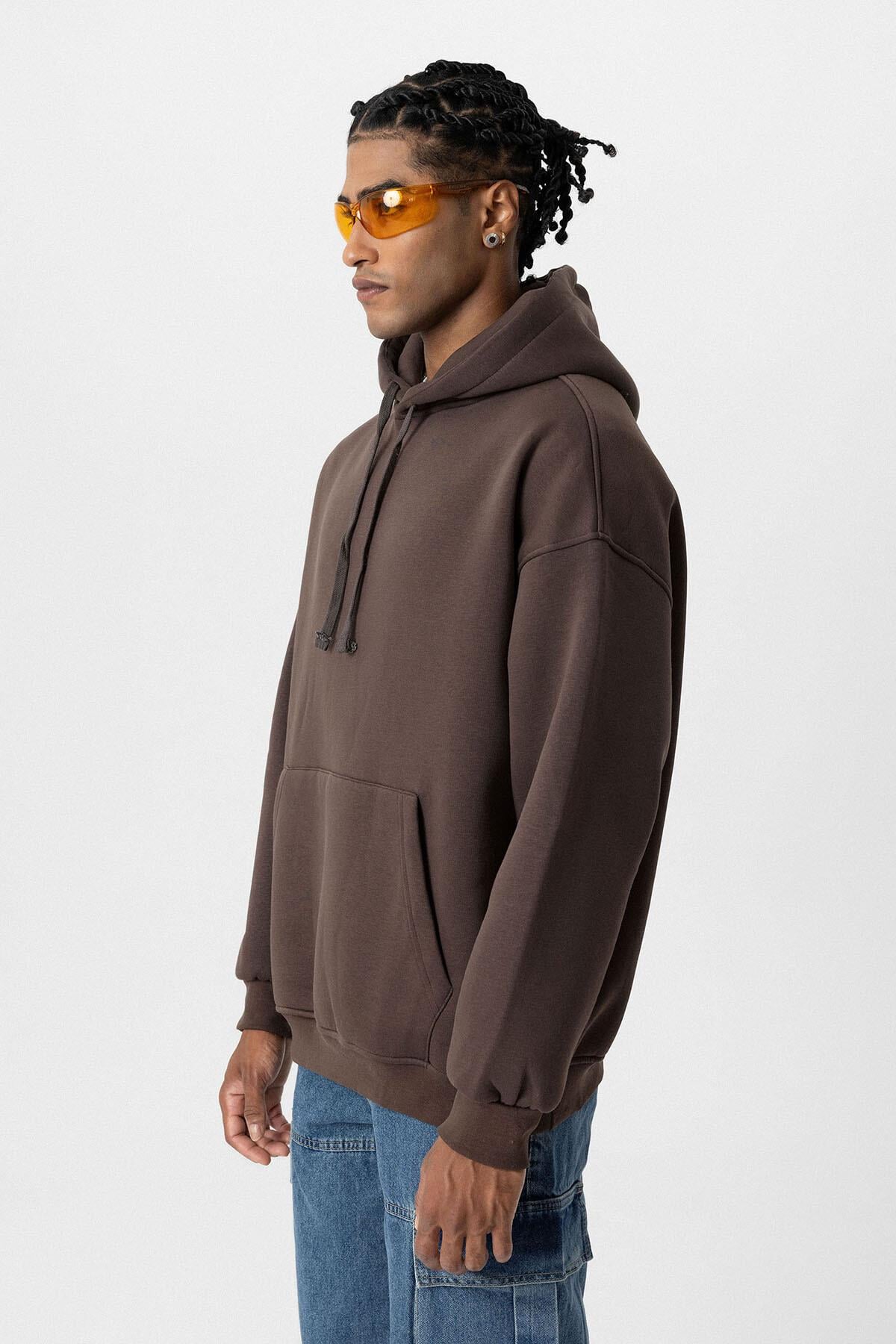 Basıc Oversize Kapüşonlu Cep Detaylı Sweatshirt Kahve