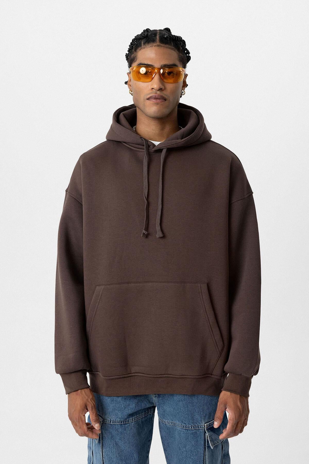 Basıc Oversize Kapüşonlu Cep Detaylı Sweatshirt Kahve