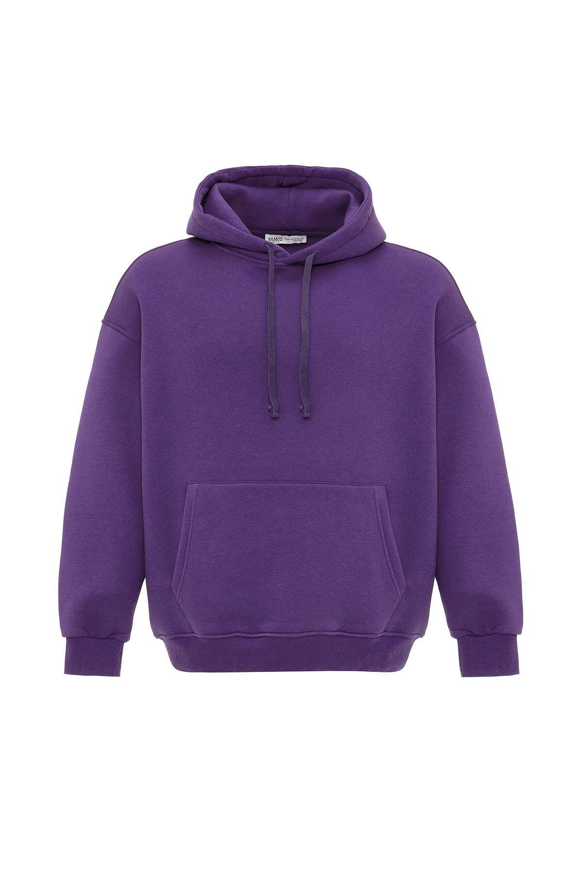 Basıc Oversize Kapüşonlu Cep Detaylı Sweatshirt Mor