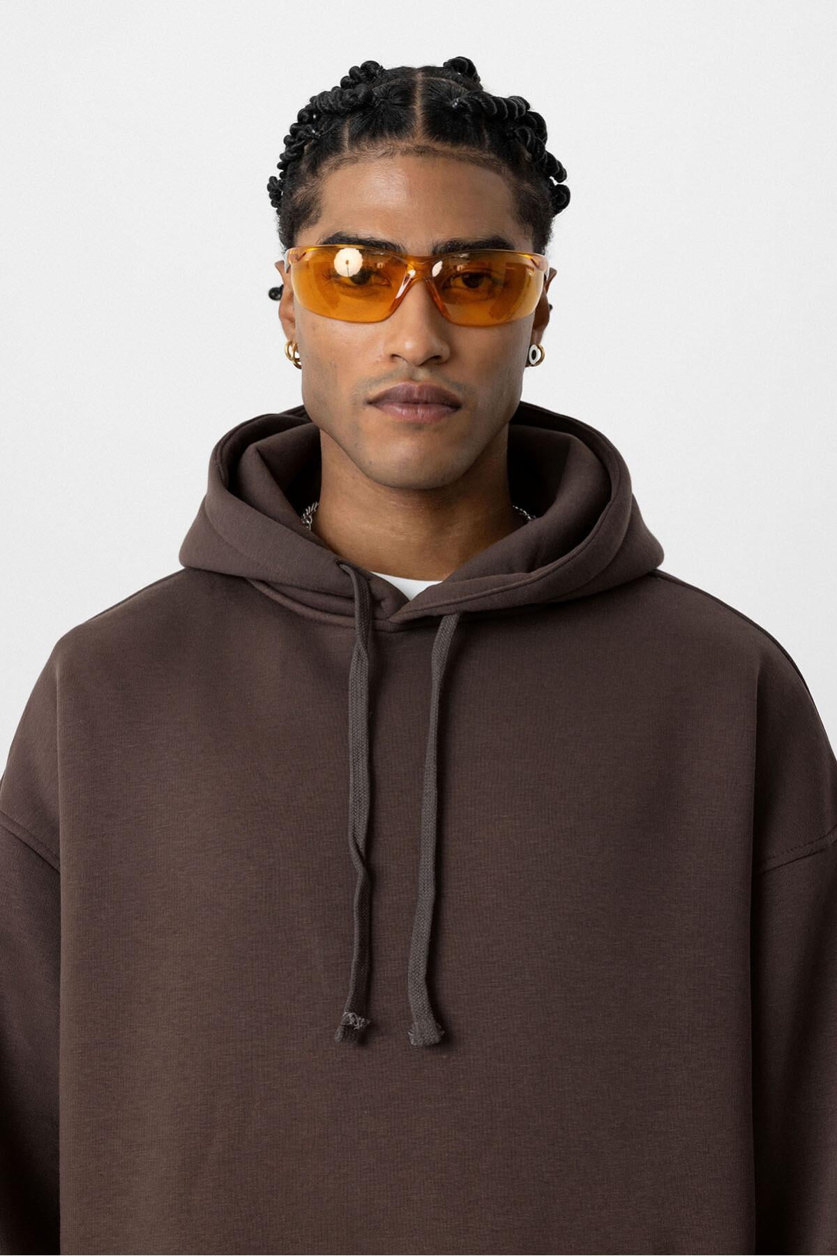 Basıc Oversize Kapüşonlu Cep Detaylı Sweatshirt Kahve