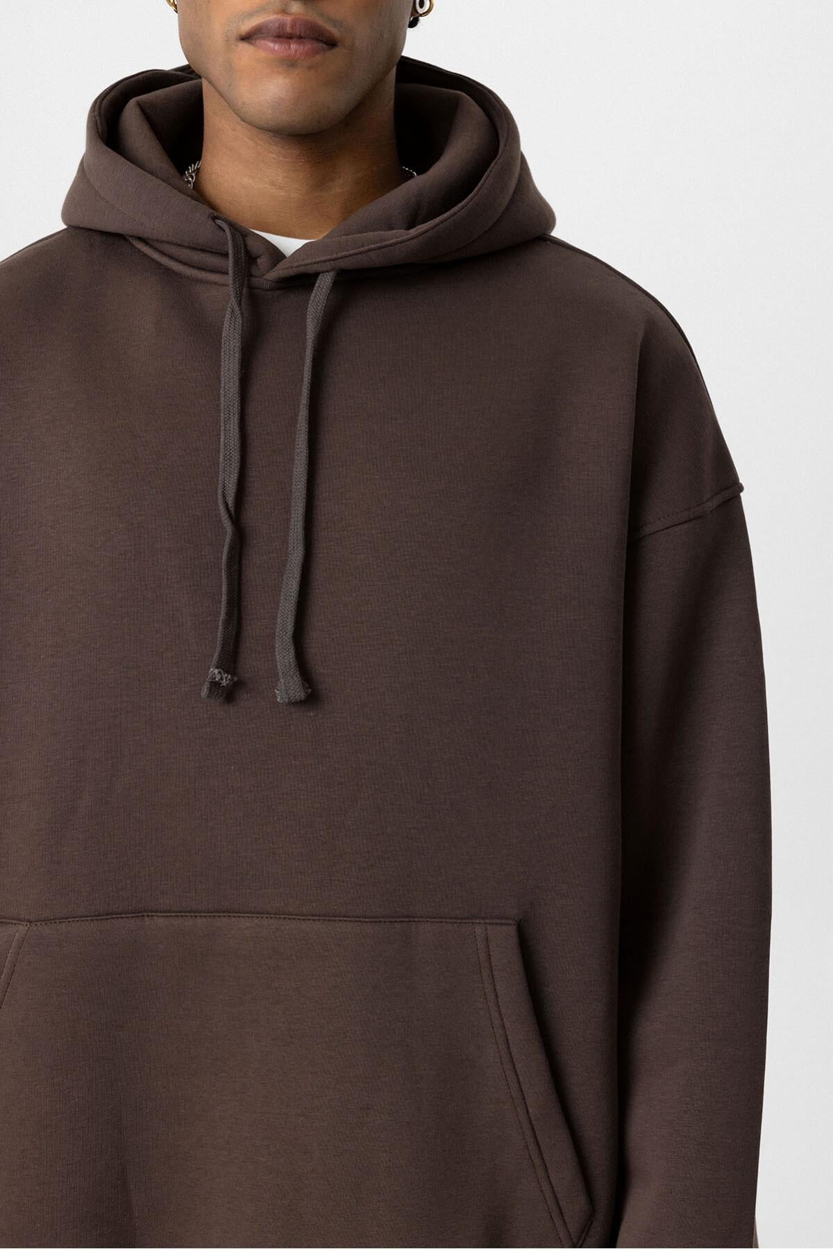 Basıc Oversize Kapüşonlu Cep Detaylı Sweatshirt Kahve