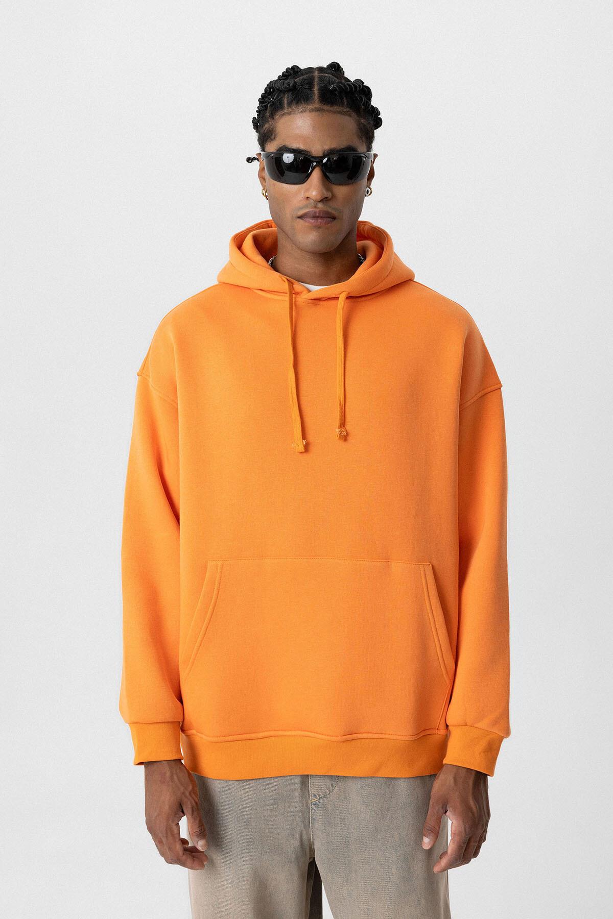 Basıc Oversize Kapüşonlu Cep Detaylı Sweatshirt Oranj