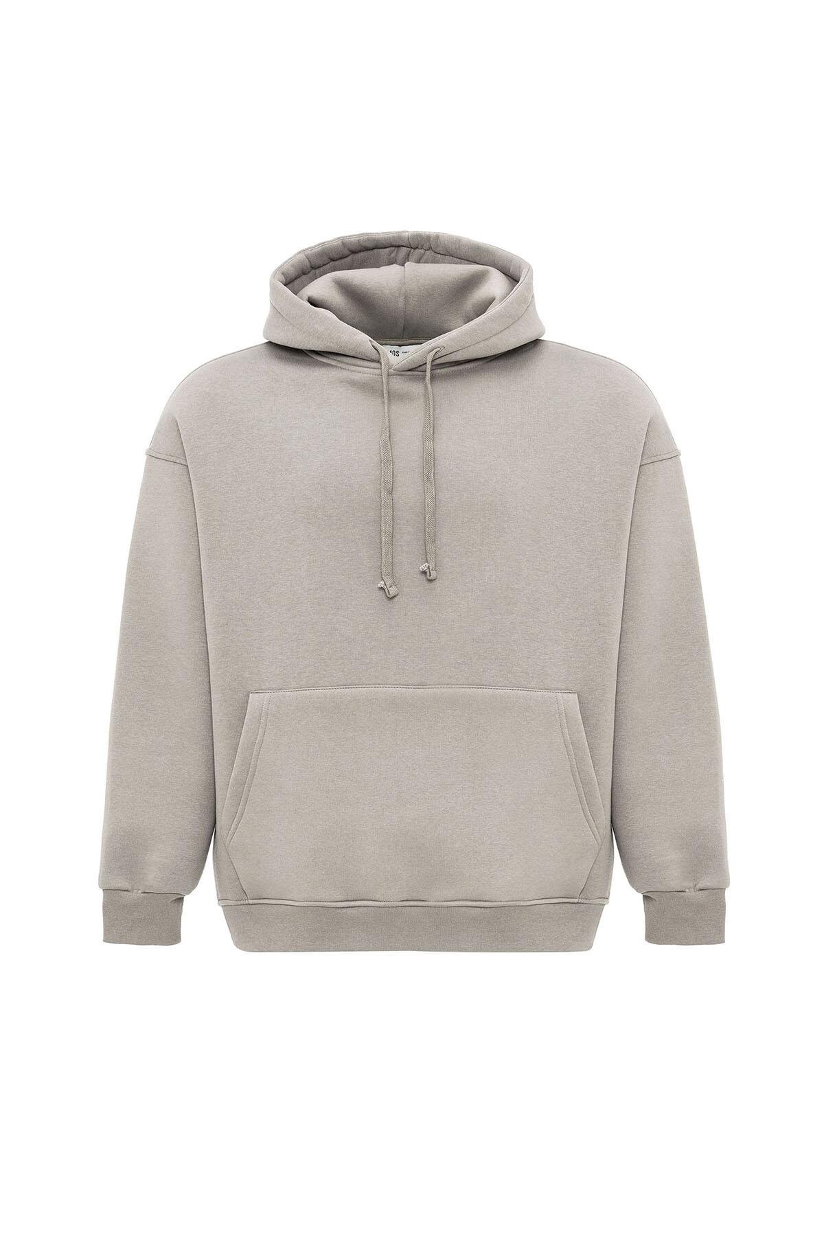 Basıc Oversize Kapüşonlu Cep Detaylı Sweatshirt Vizon