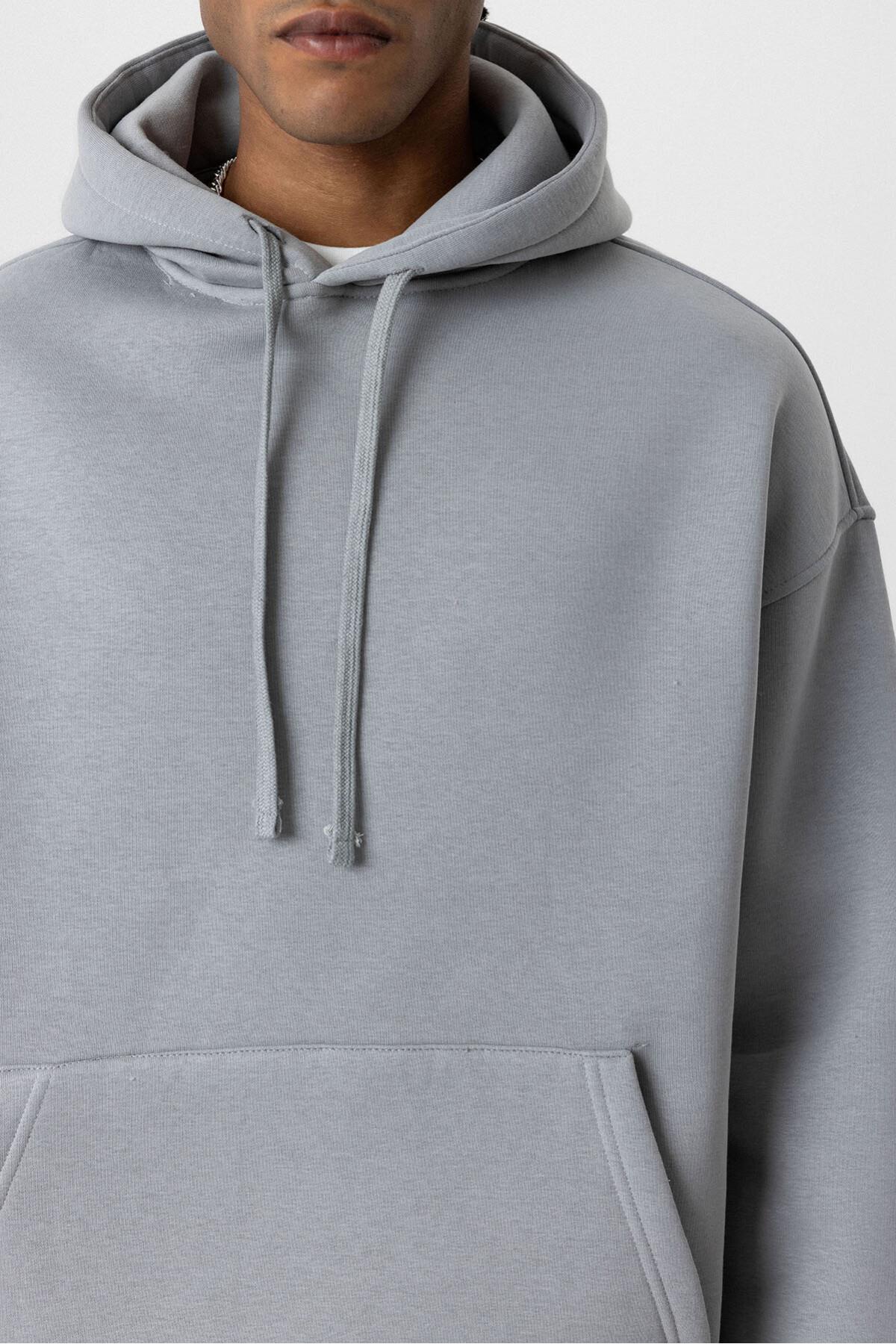 Basıc Oversize Kapüşonlu Cep Detaylı Sweatshirt Gri