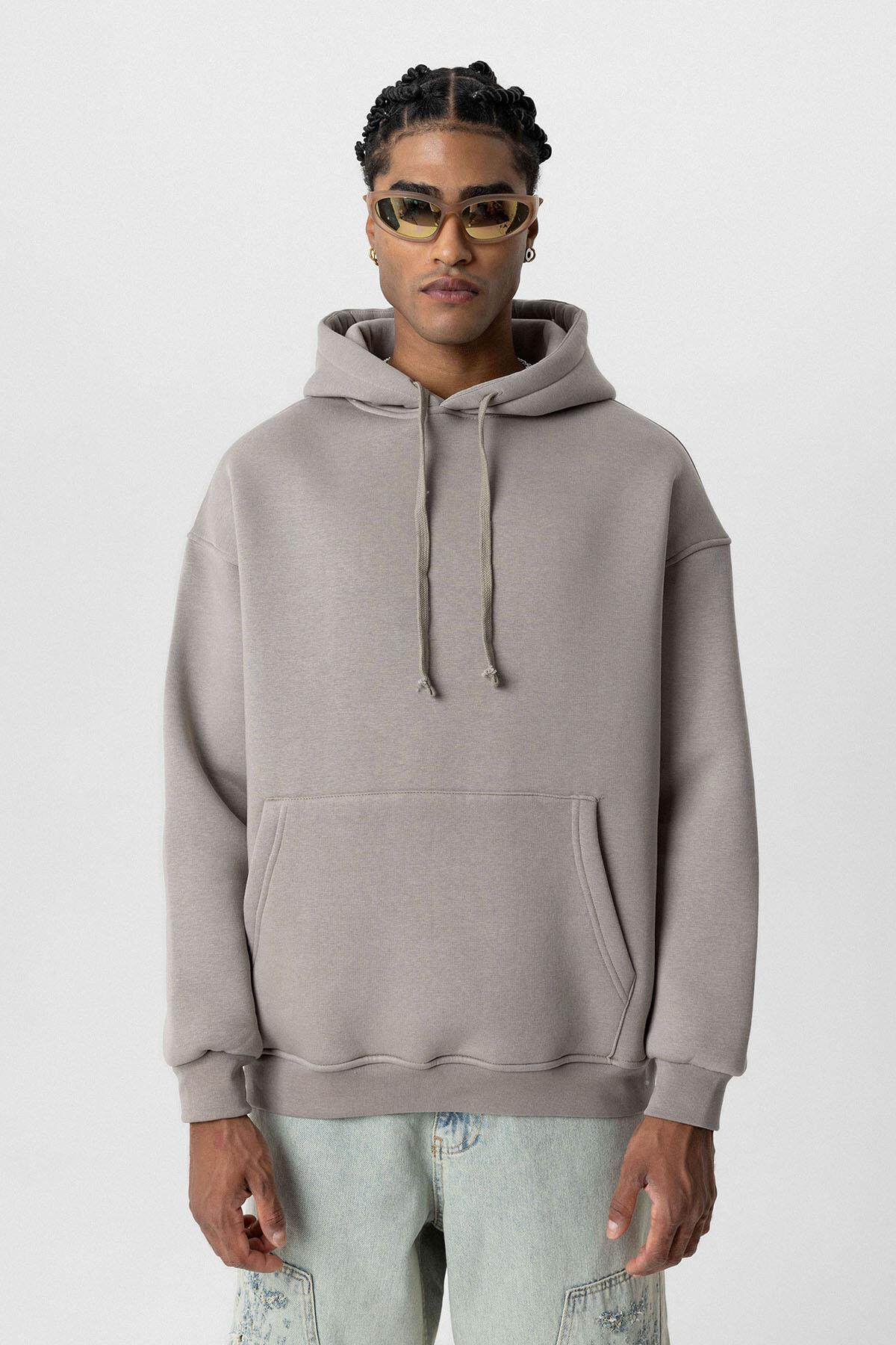 Basıc Oversize Kapüşonlu Cep Detaylı Sweatshirt Vizon