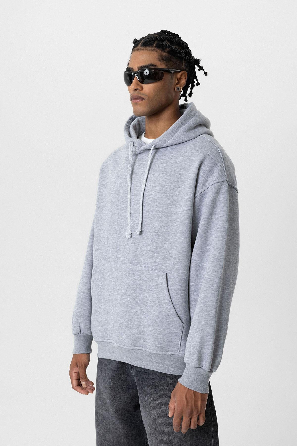 Basıc Oversize Kapüşonlu Cep Detaylı Sweatshirt Gri Melanj