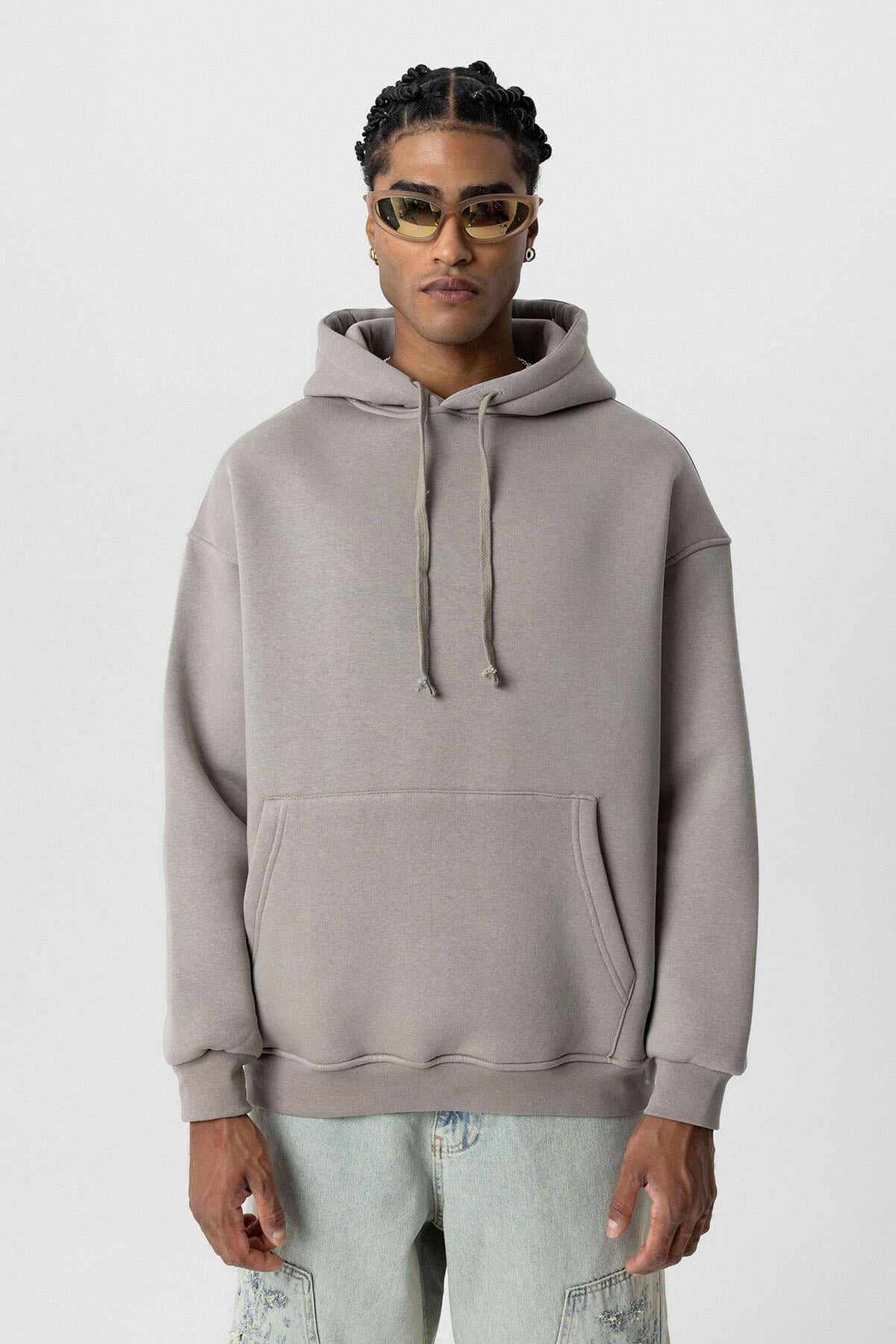Basıc Oversize Kapüşonlu Cep Detaylı Sweatshirt Vizon