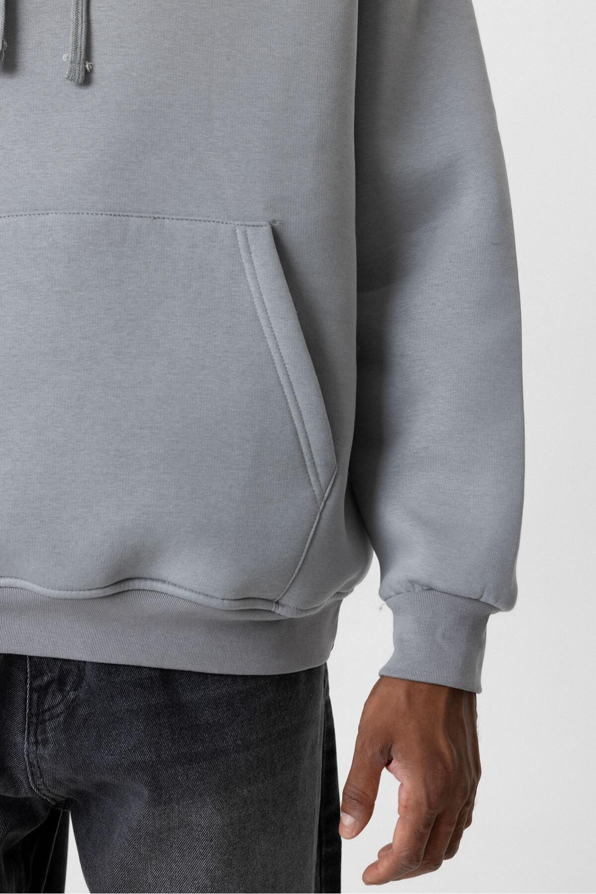 Basıc Oversize Kapüşonlu Cep Detaylı Sweatshirt Gri