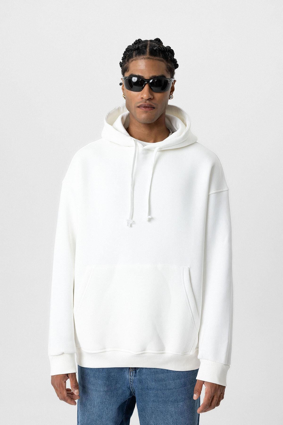 Basıc Oversize Kapüşonlu Cep Detaylı Sweatshirt Ekru