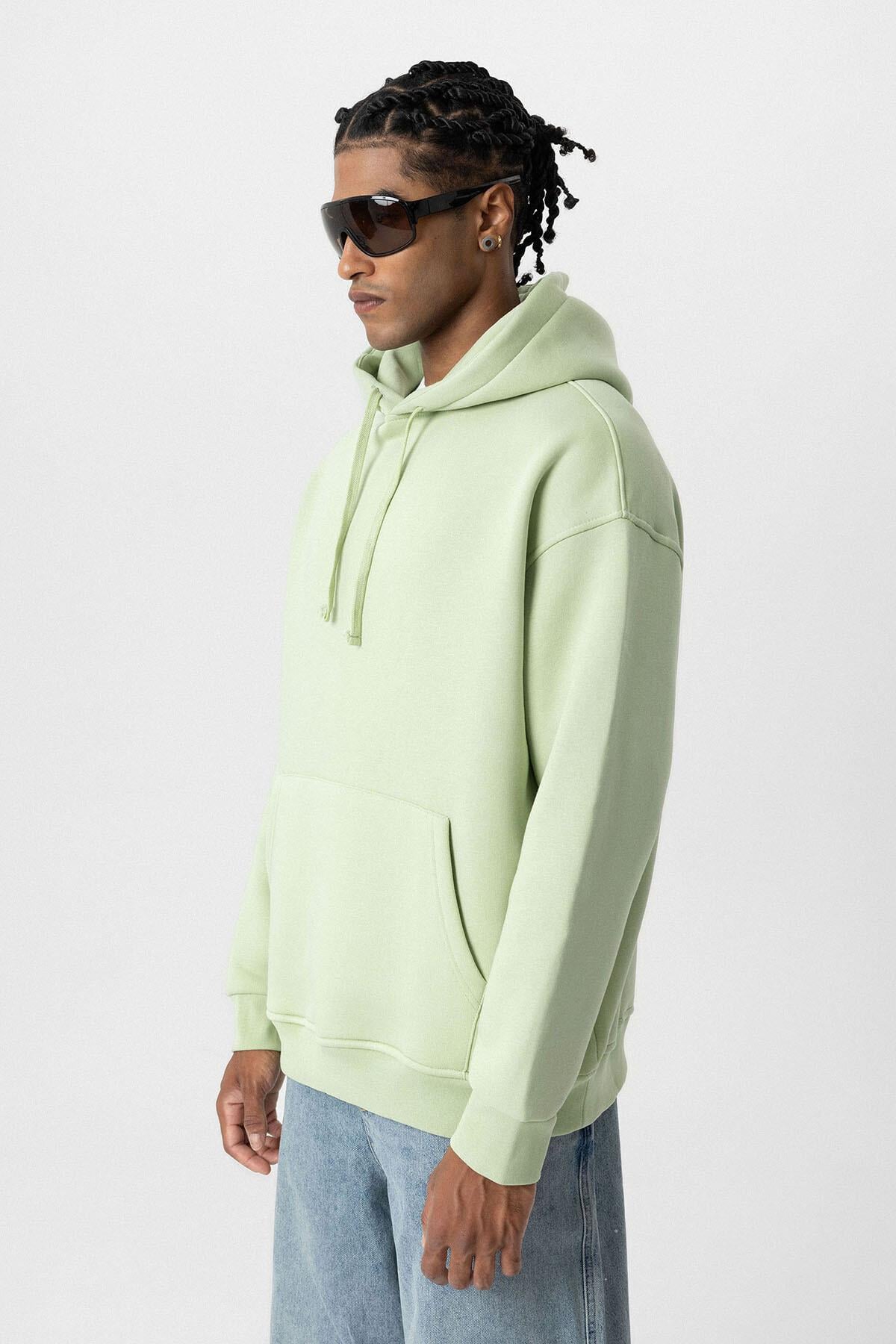 Basıc Oversize Kapüşonlu Cep Detaylı Sweatshirt Mint