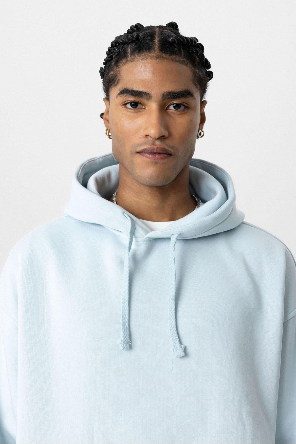 Basıc Oversize Kapüşonlu Cep Detaylı Sweatshirt Bebe Mavi