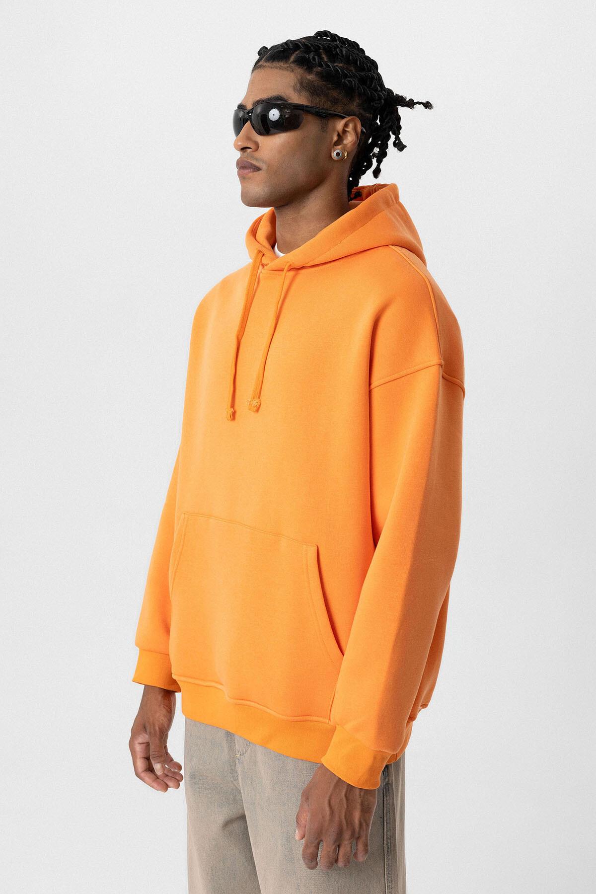 Basıc Oversize Kapüşonlu Cep Detaylı Sweatshirt Oranj
