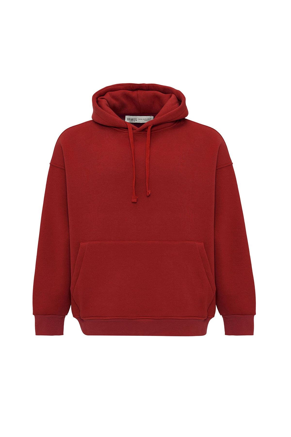 Basıc Oversize Kapüşonlu Cep Detaylı Sweatshirt Kırmızı
