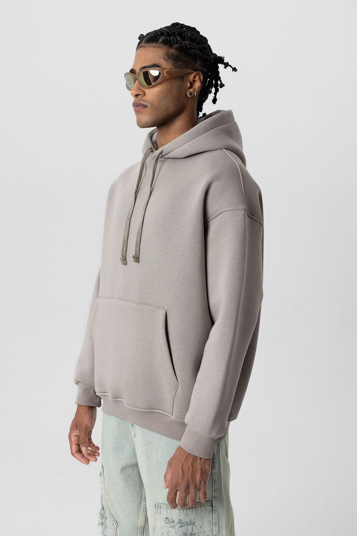 Basıc Oversize Kapüşonlu Cep Detaylı Sweatshirt Vizon