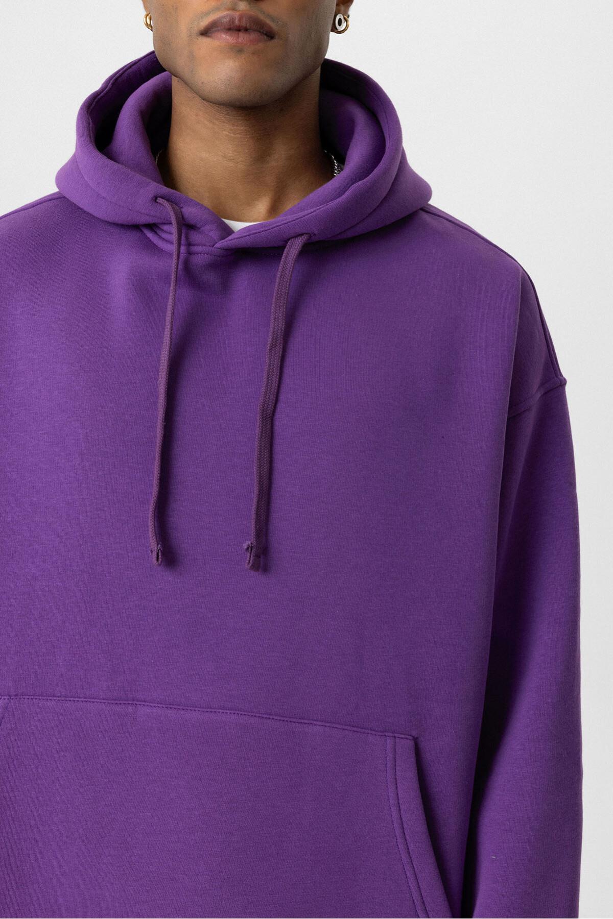 Basıc Oversize Kapüşonlu Cep Detaylı Sweatshirt Mor
