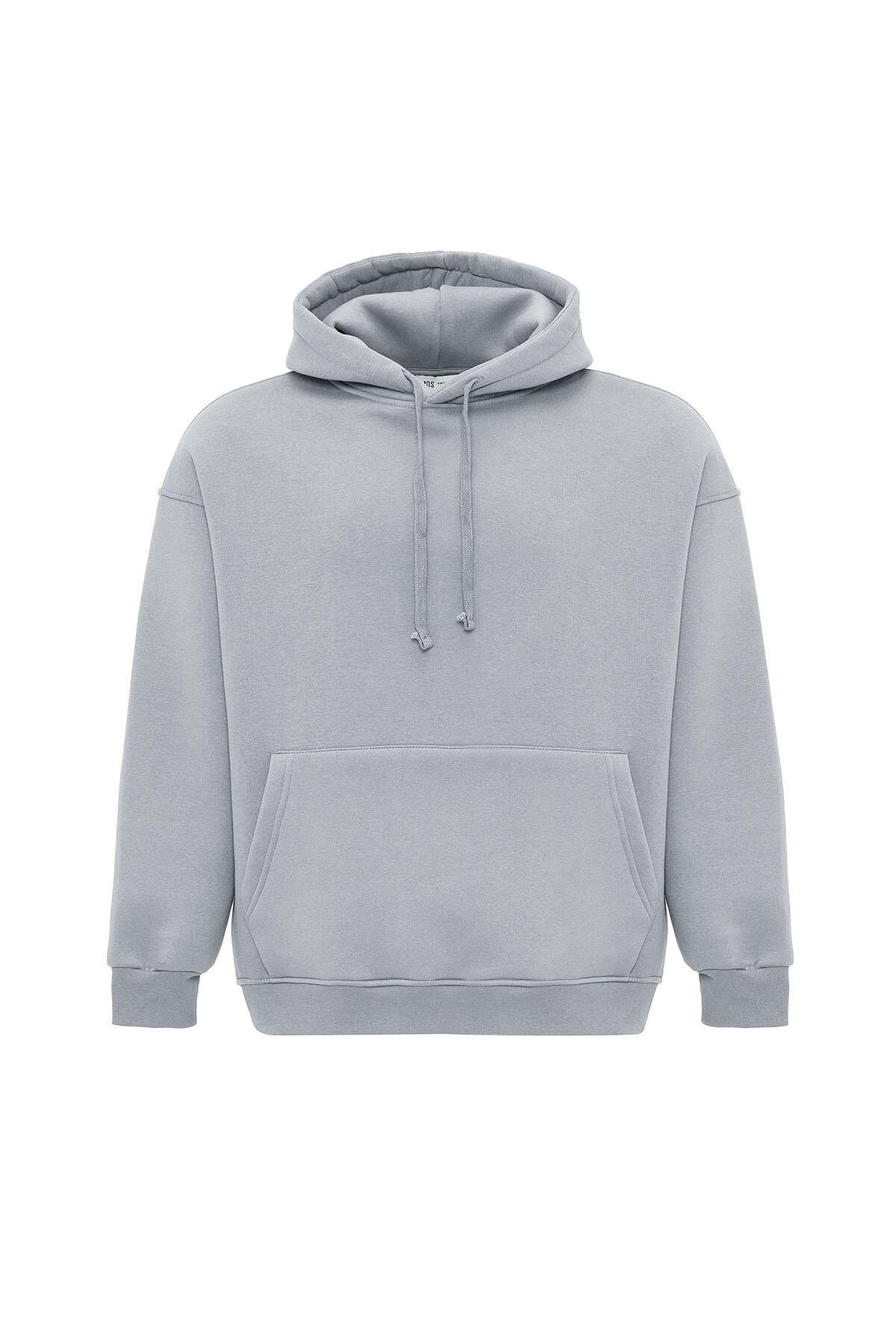 Basıc Oversize Kapüşonlu Cep Detaylı Sweatshirt Gri