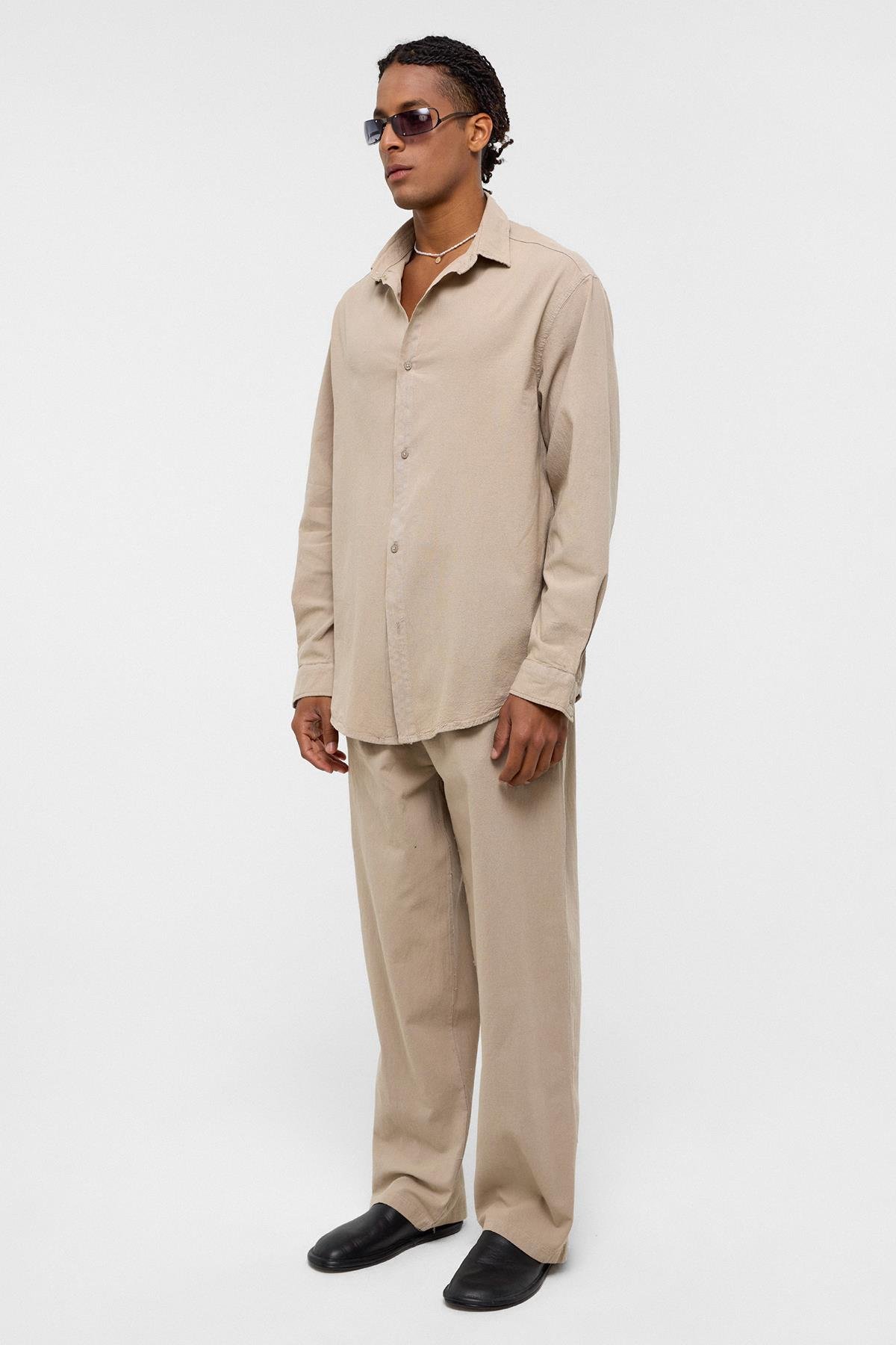 Basic Oversize Keten Takım Bej