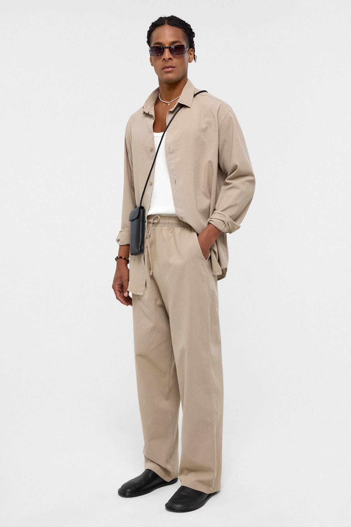 Basic Oversize Keten Takım Bej