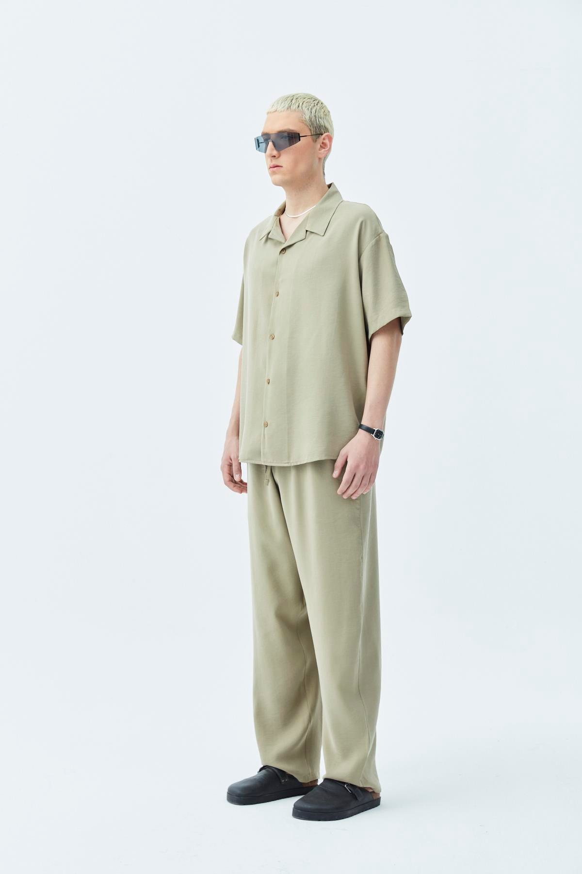 Basıc Oversize Keten Takım Haki